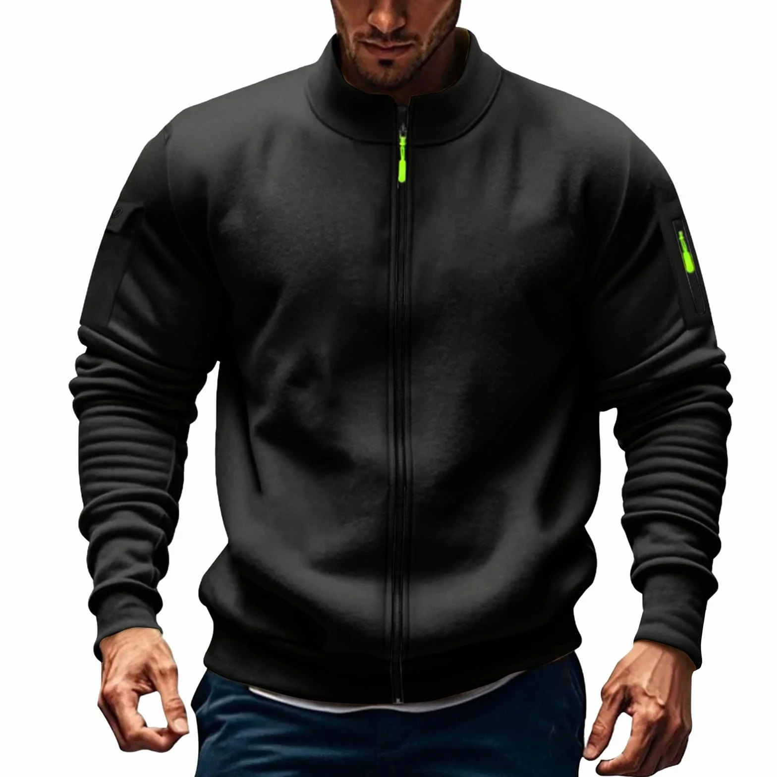Sweat-shirt à fermeture éclair pour homme - Couleur unie - Sans capuche - Coupe ample - Veste légère avec poches
