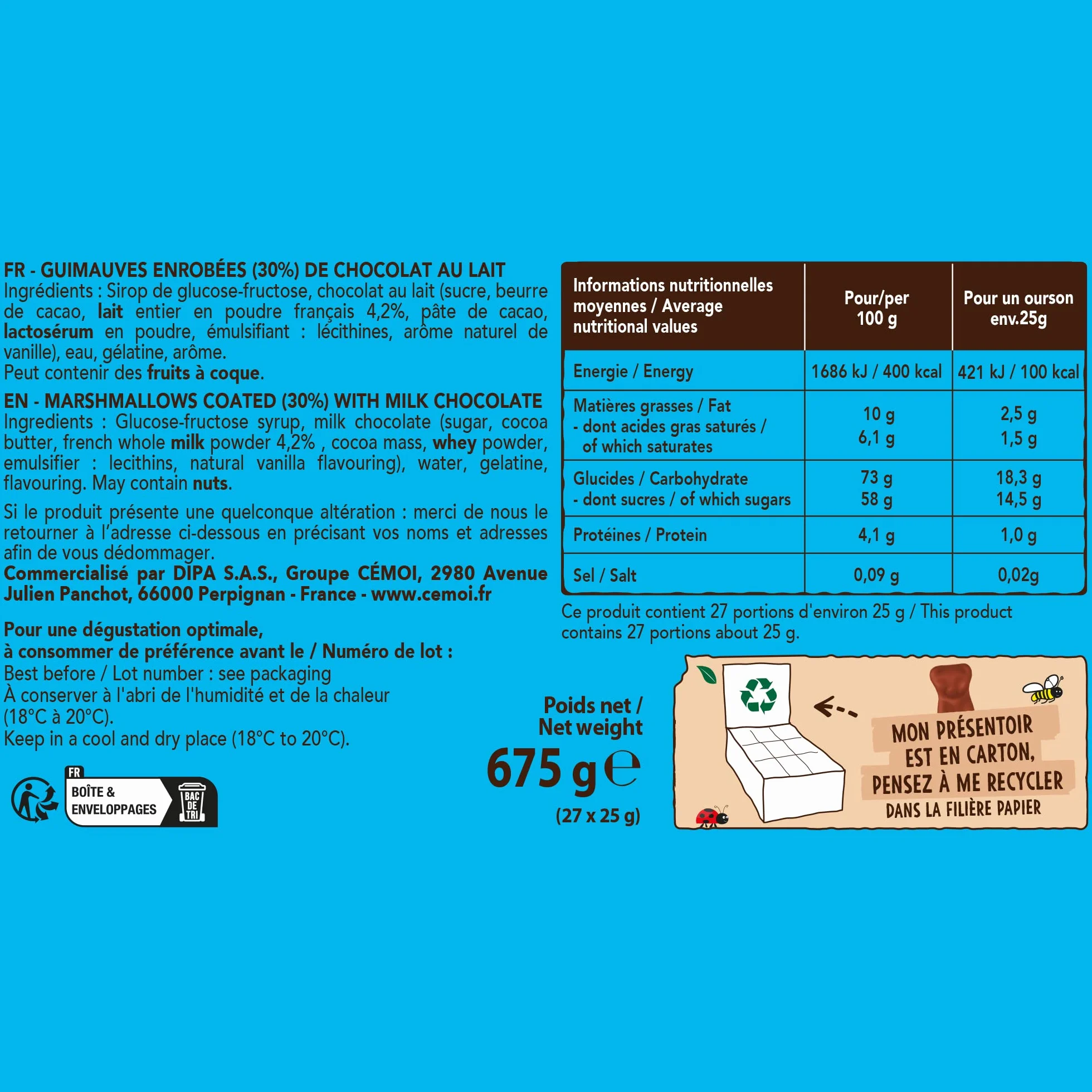 Cémoi - Présentoir l’Authentique Petit Ourson Guimauve, Chocolat au Lait, Taille XL – Fabriqué en France, 27 Pièces (675 g)