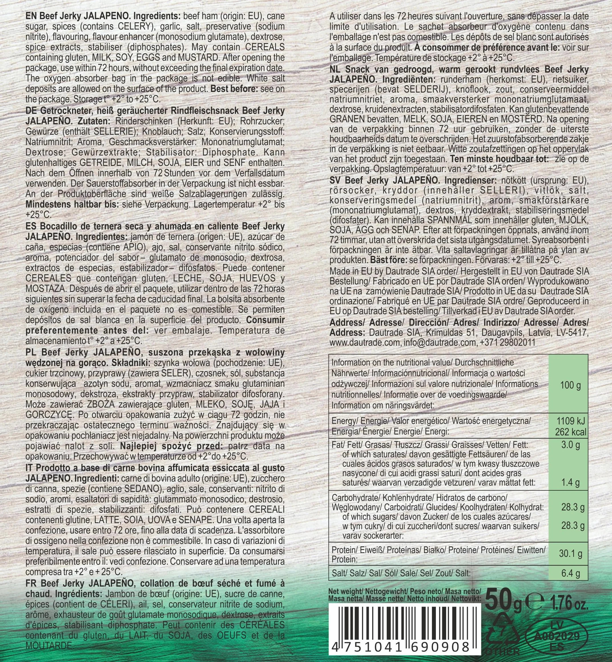 Viking Bites Beef Jerky Mixed box 400 g (8 x 50g) – 3x Barbecue, 3x Teriyaki, 2x Jalapeno - Bœuf séché - En-cas à base de viande riche en protéines