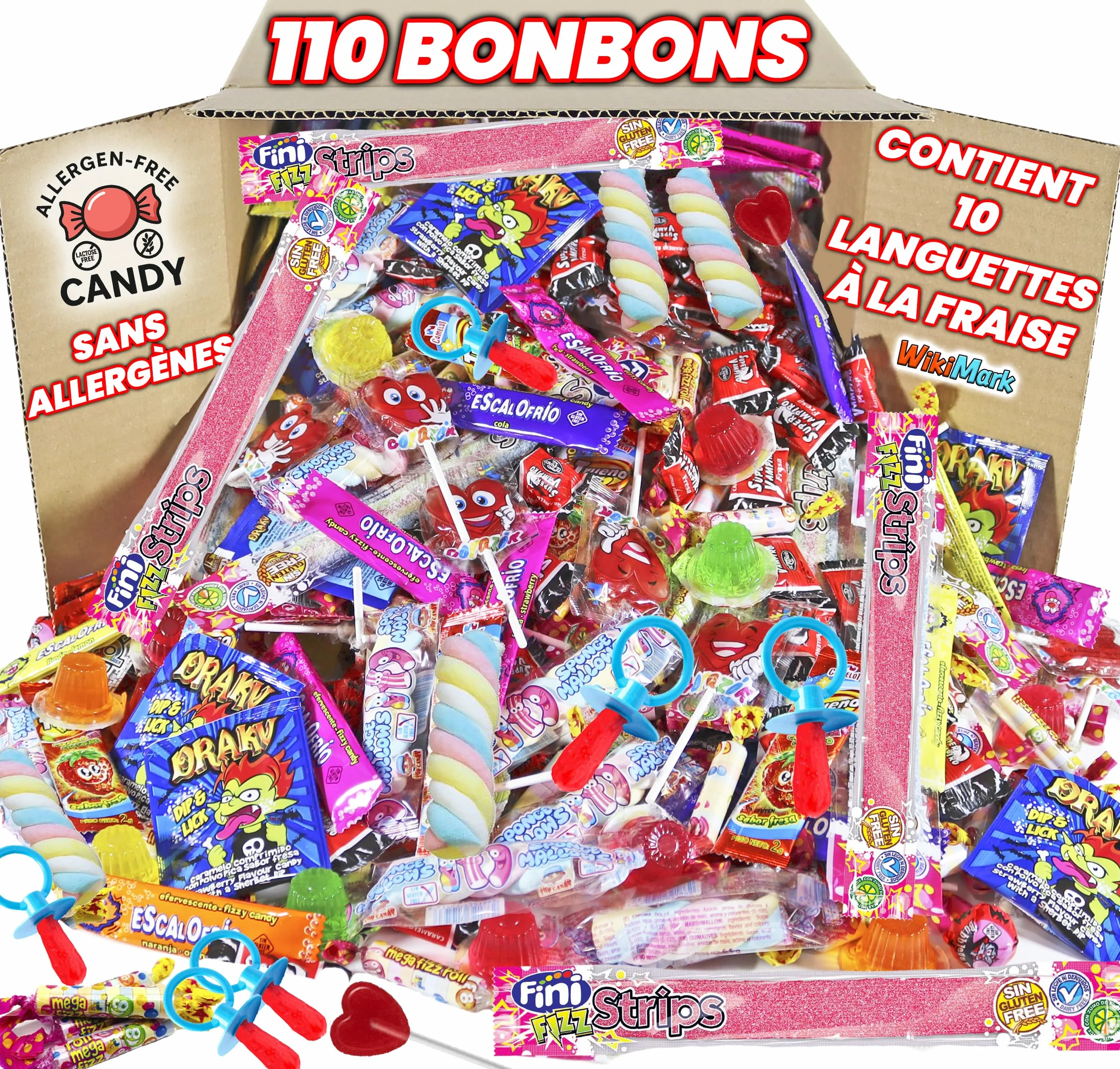 Mega Box 110 friandises remplies de pinata sans allergène, friandises et bonbons – Parfait pour les anniversaires, fêtes, Noël, Halloween. Sans gluten et sans lait. Comprend des langues de fraise.