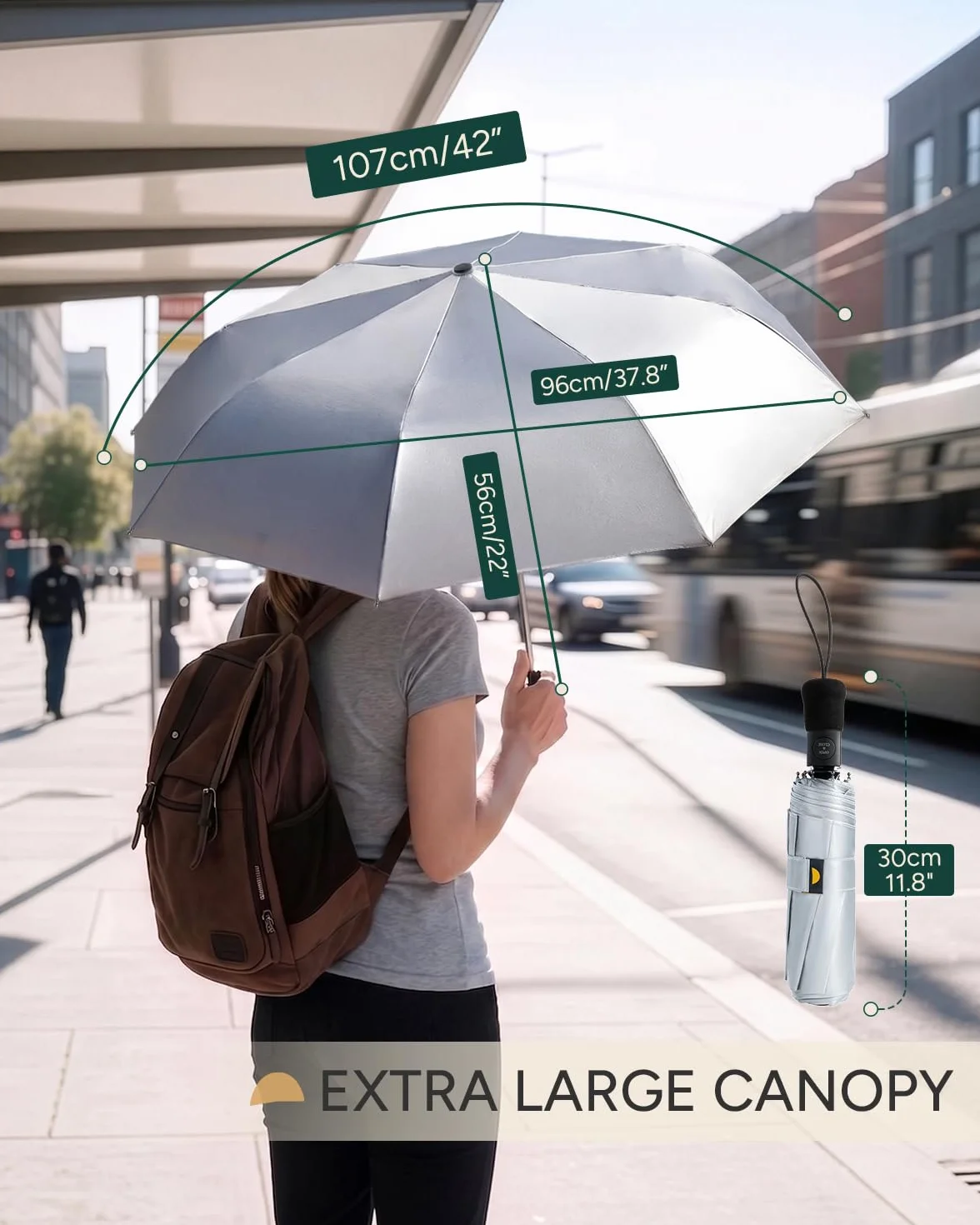 Parapluie Pliant Anti-UV UPF 50+ 106/116cm Argent Compact Coupe-Vent Automatique Léger