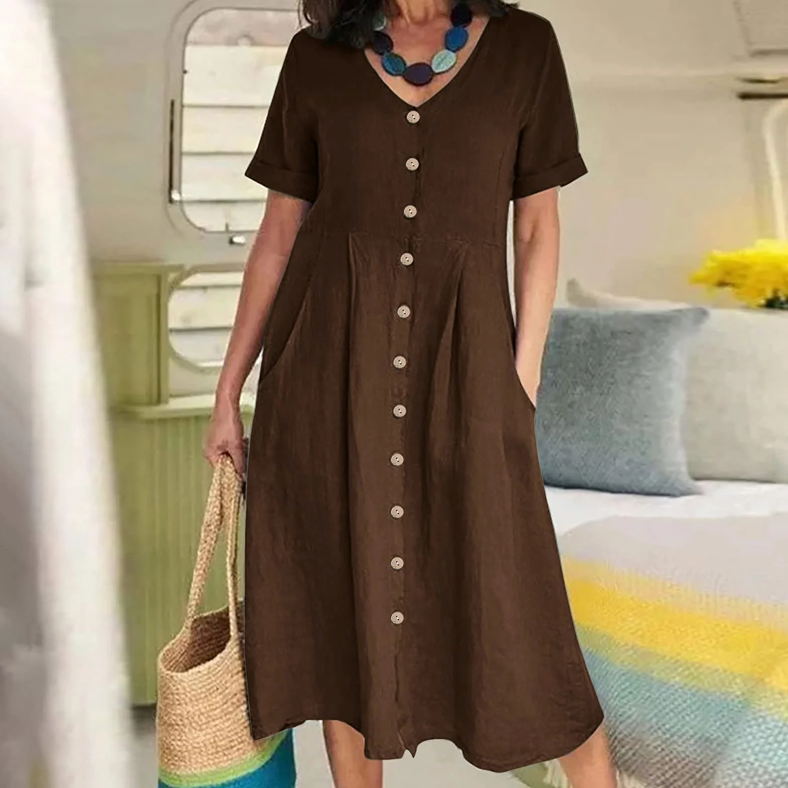 Robe Chemise Longue Femme Été Coton Lin Manche Courte Chic
