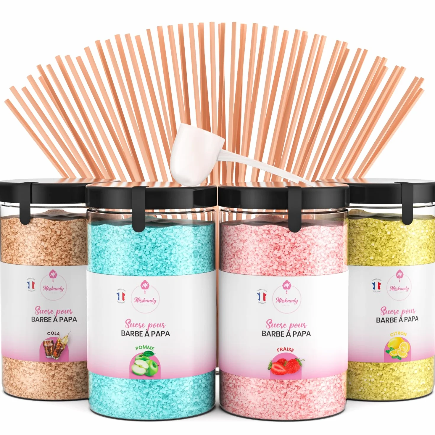 Misskandy® sucre barbe à papa pour machine- Lot de (4 * 240Gr) - (Arômes Naturels): Goûts: Fraise/Pomme/Cola/Citron/poudre barbapapa+ 50 bâtonnets (offerts)/ Fabriqué en France