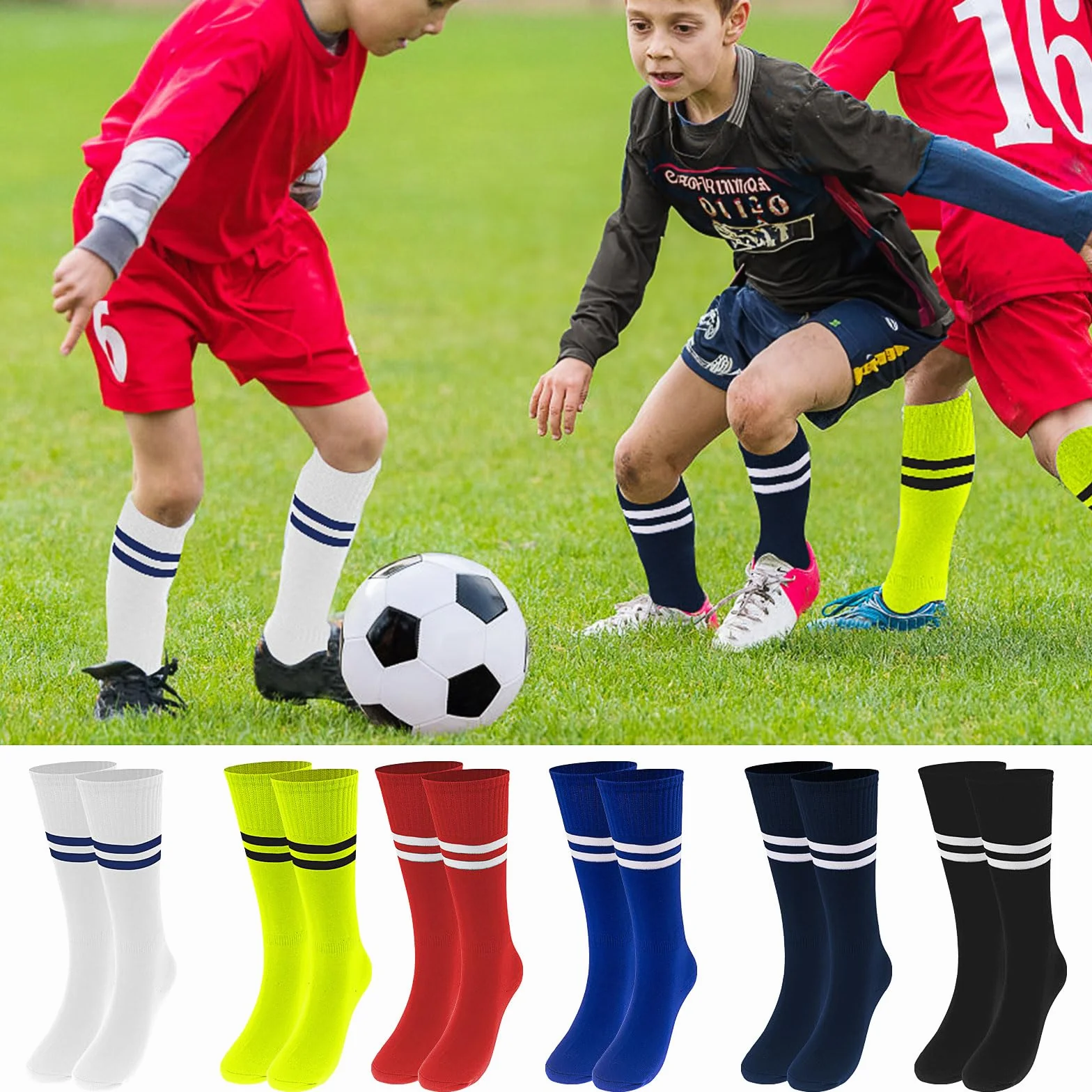 Chaussettes Foot Enfant Lot 18 Paires, Hautes Rayures Garçon Fille, Taille Unique 28-35, 6 Couleurs