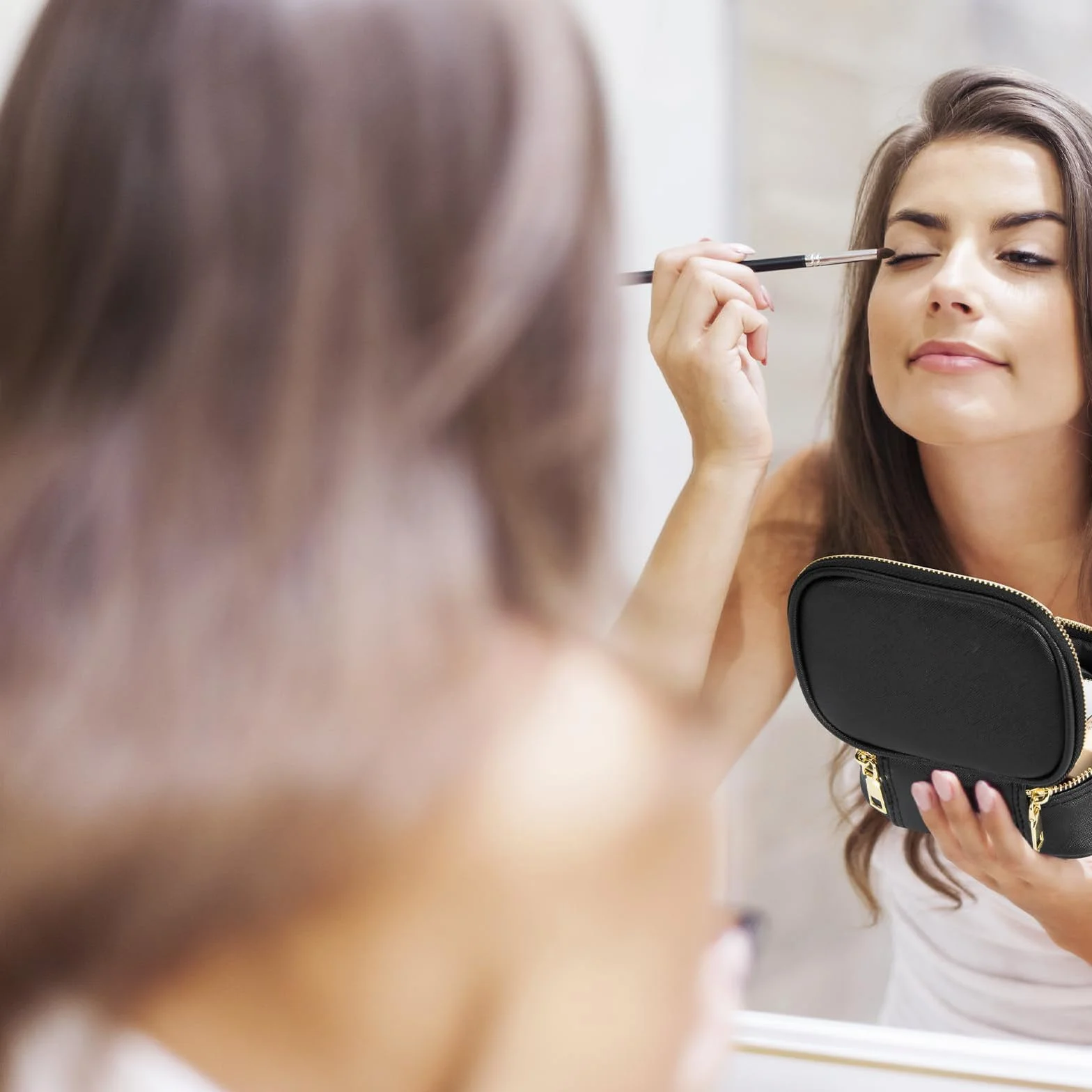 Trousse de maquillage avec miroir LED PU Noir Moderne