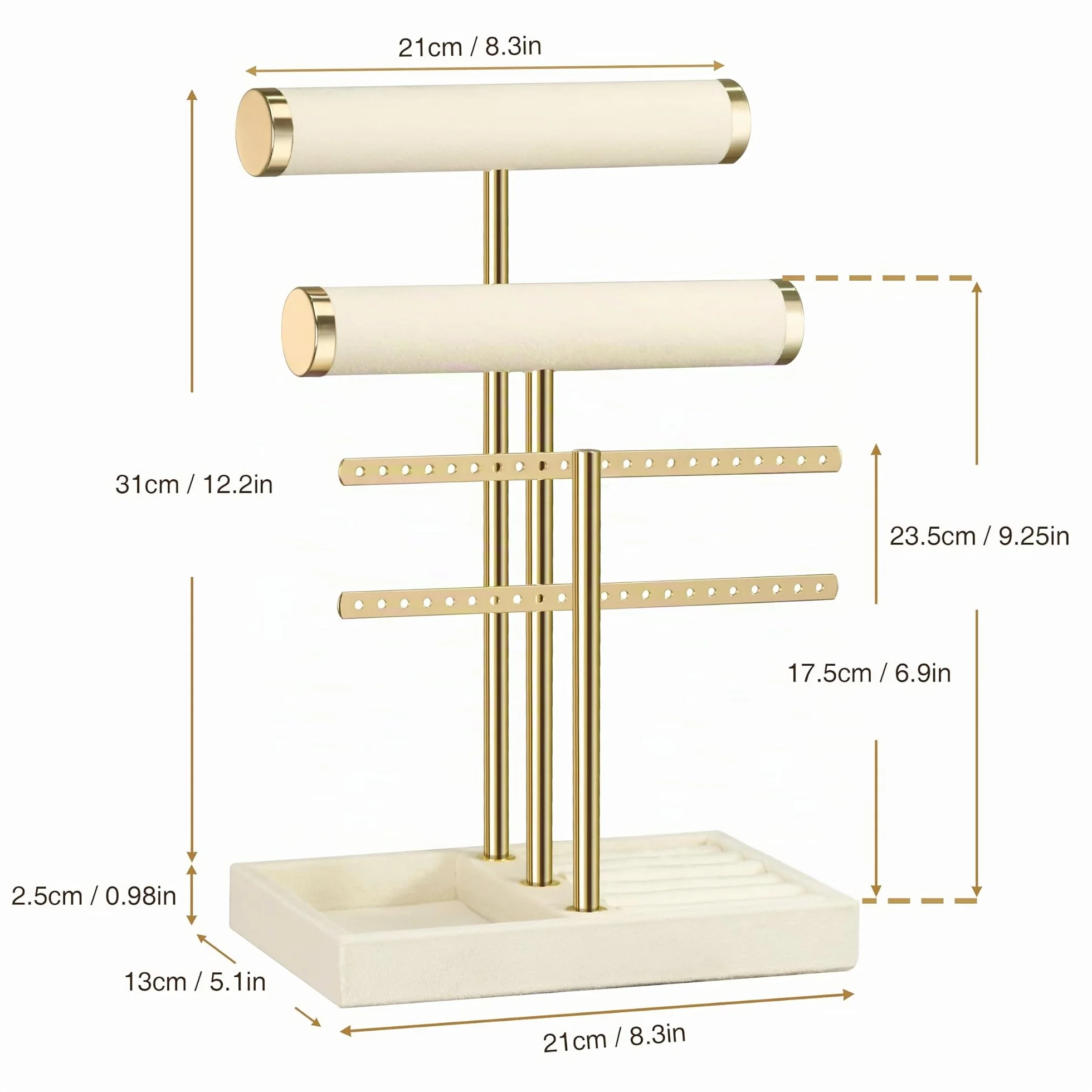 Organisateur de Bijoux à 3 Niveaux en Velours Beige - Porte Bijoux pour Bracelets, Colliers, Montres, Bagues