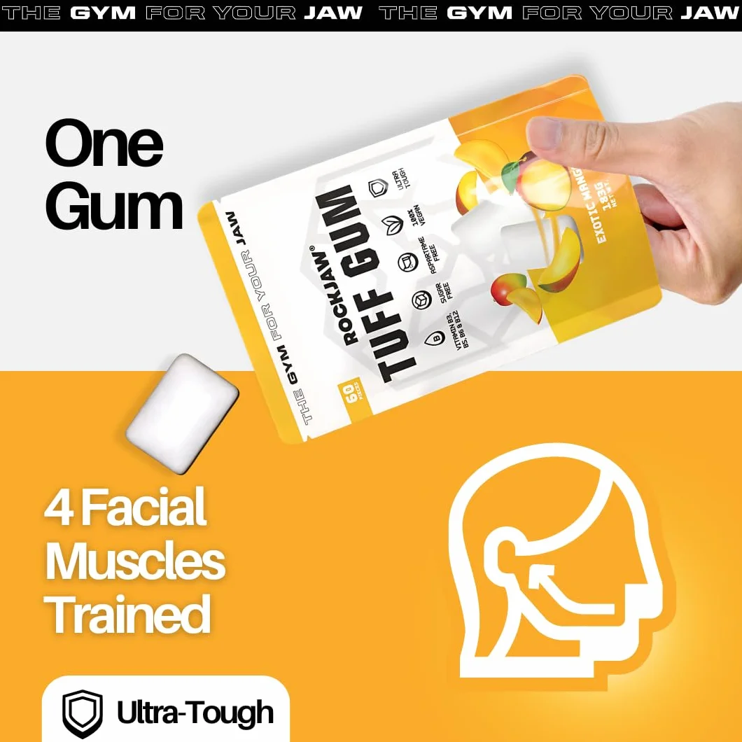 ROCKJAW® Jawline Gum Tuff Gum 2.0 complexe de vitamines B sans aspartame sans sucre xylitol 2 mois d'approvisionnement mangue exotique