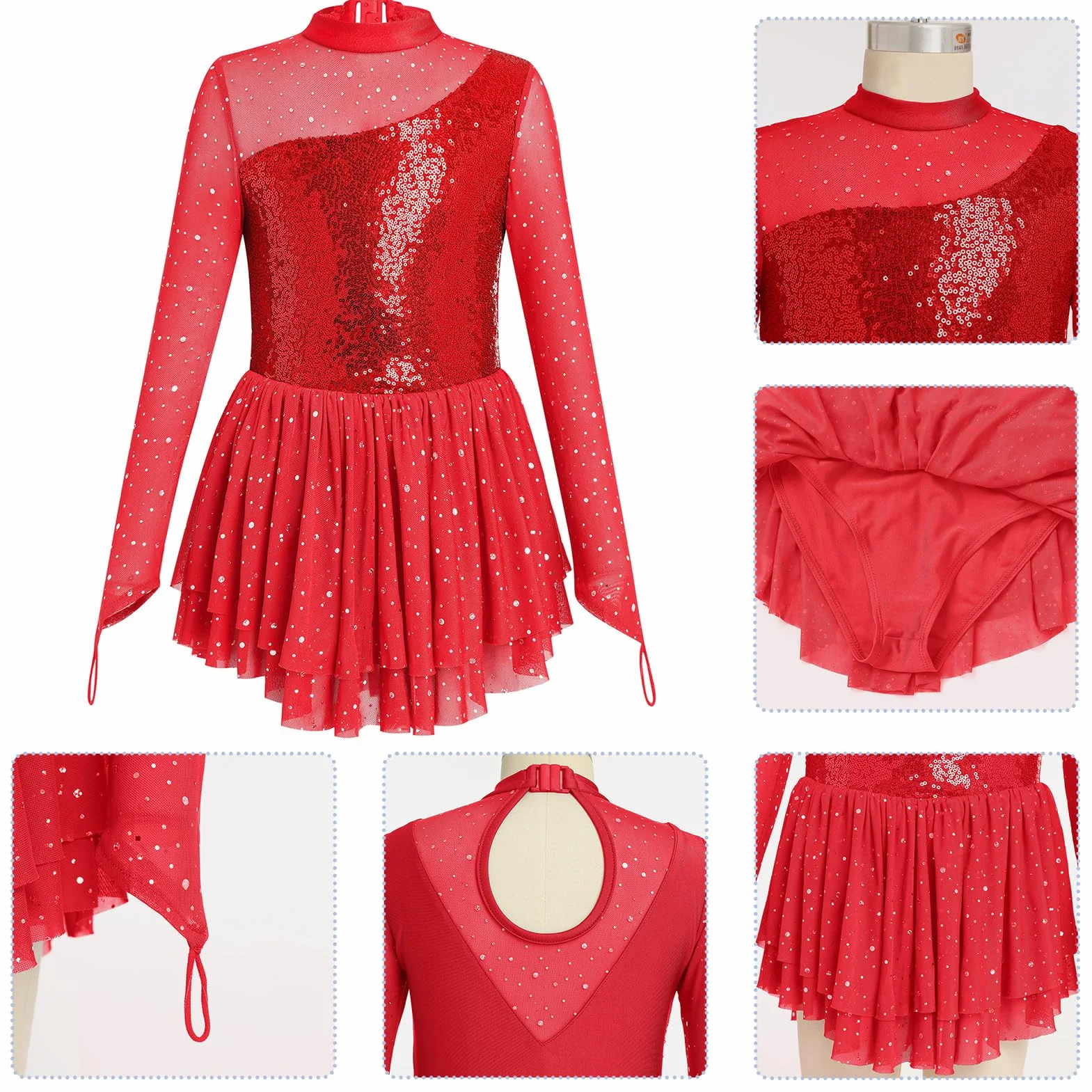 FYMNSI Robe de patinage artistique pour fille avec strass manches longues en tulle - Justaucorps de danse