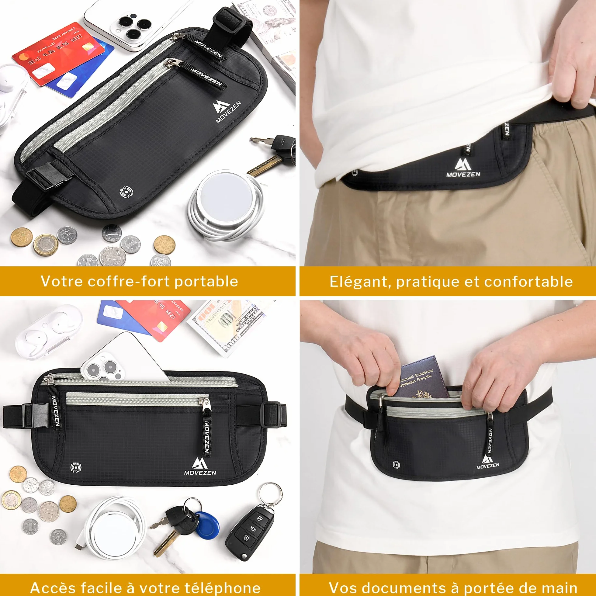 Ceinture Cache Billets Homme Femme RFID, Sac Banane Discret Antivol Voyage (Noir Profond)