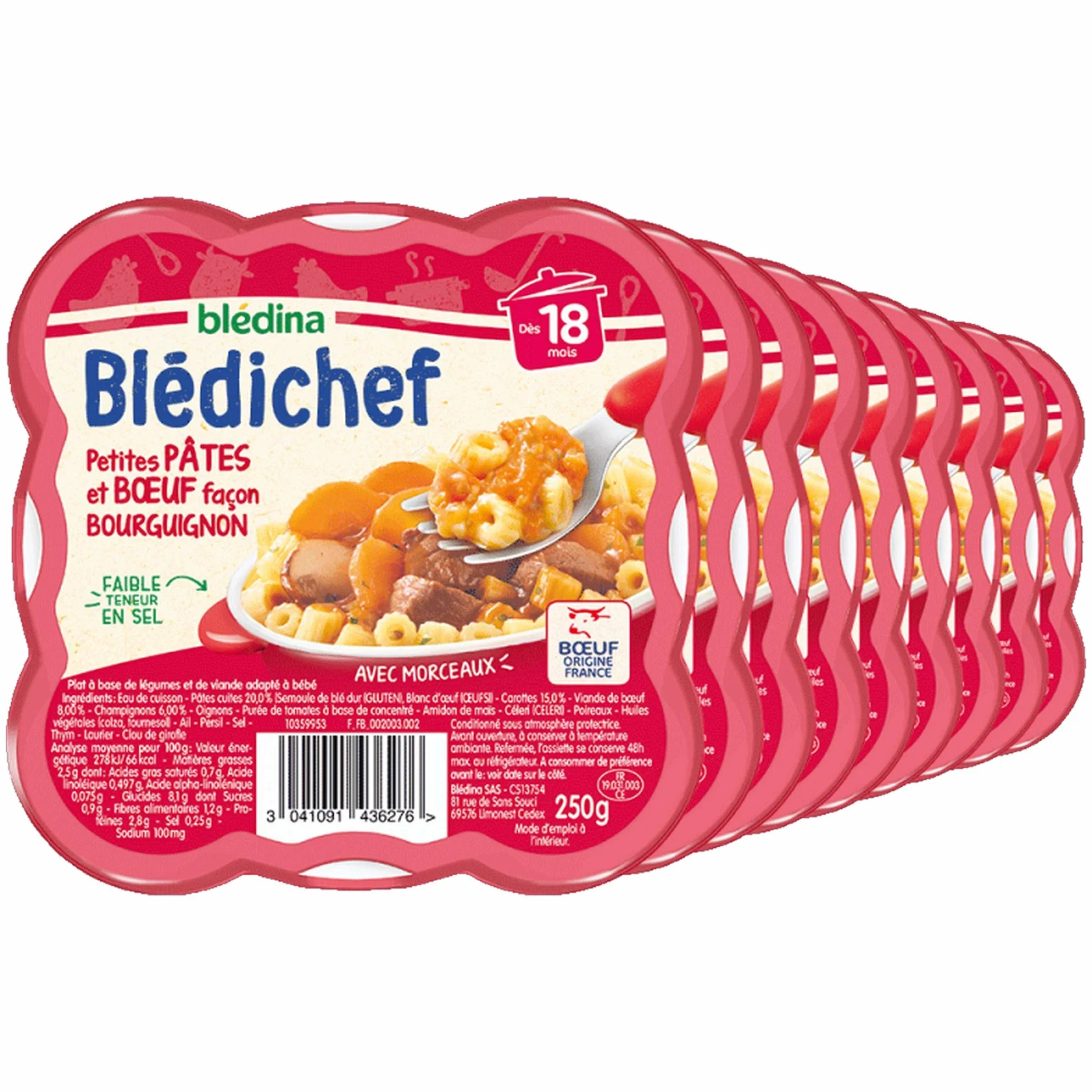 Blédina - Blédichef - Repas Bébé 18 Mois - 9 Plats Pâtes Bœuf Bourguignon - Petits Morceaux - Faible Teneur en Sel - Dès 18 Mois - 9 Assiettes 250g