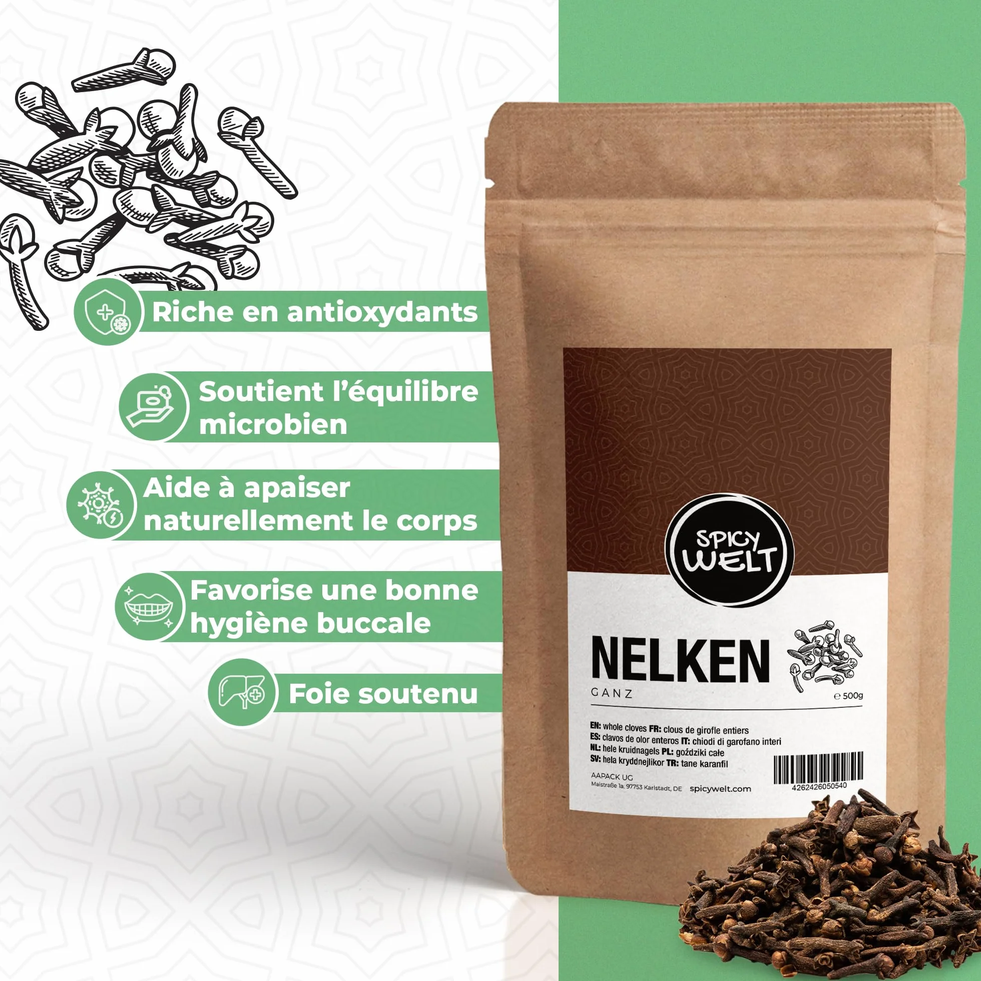 Spicy Welt Clous de Girofle Entiers (500g) – Girofle pour Pot-au-Feu, Pain d'Épices, Infusion & Marinade | Saveur Intense & Boisée | 100% Naturel, Sans Additifs