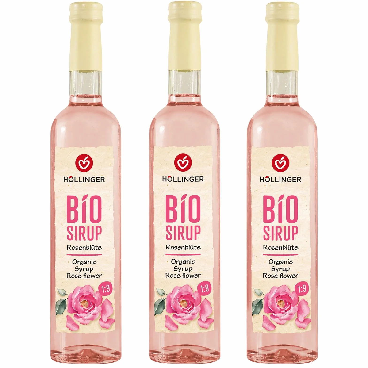 Höllinger Sirop de fleur de rose biologique, végétalien, bouteille en verre de 3x500 ml, saveur florale