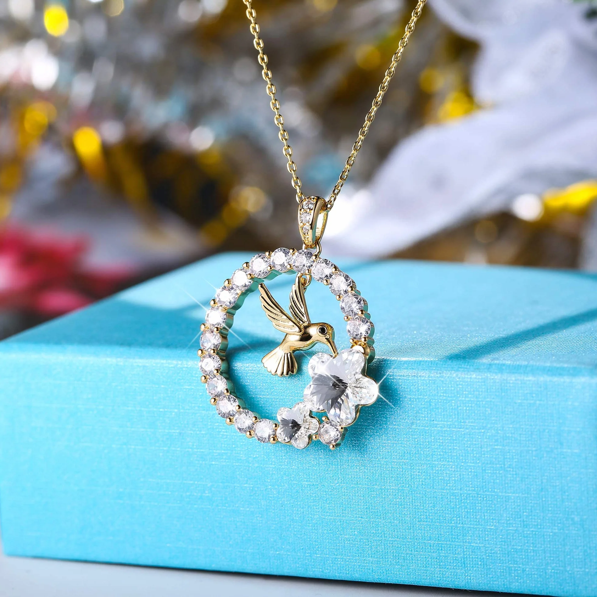 Collier Pendentif Colibri Plaqué Or 18 Carats pour Femmes Argent Cristal Bijoux