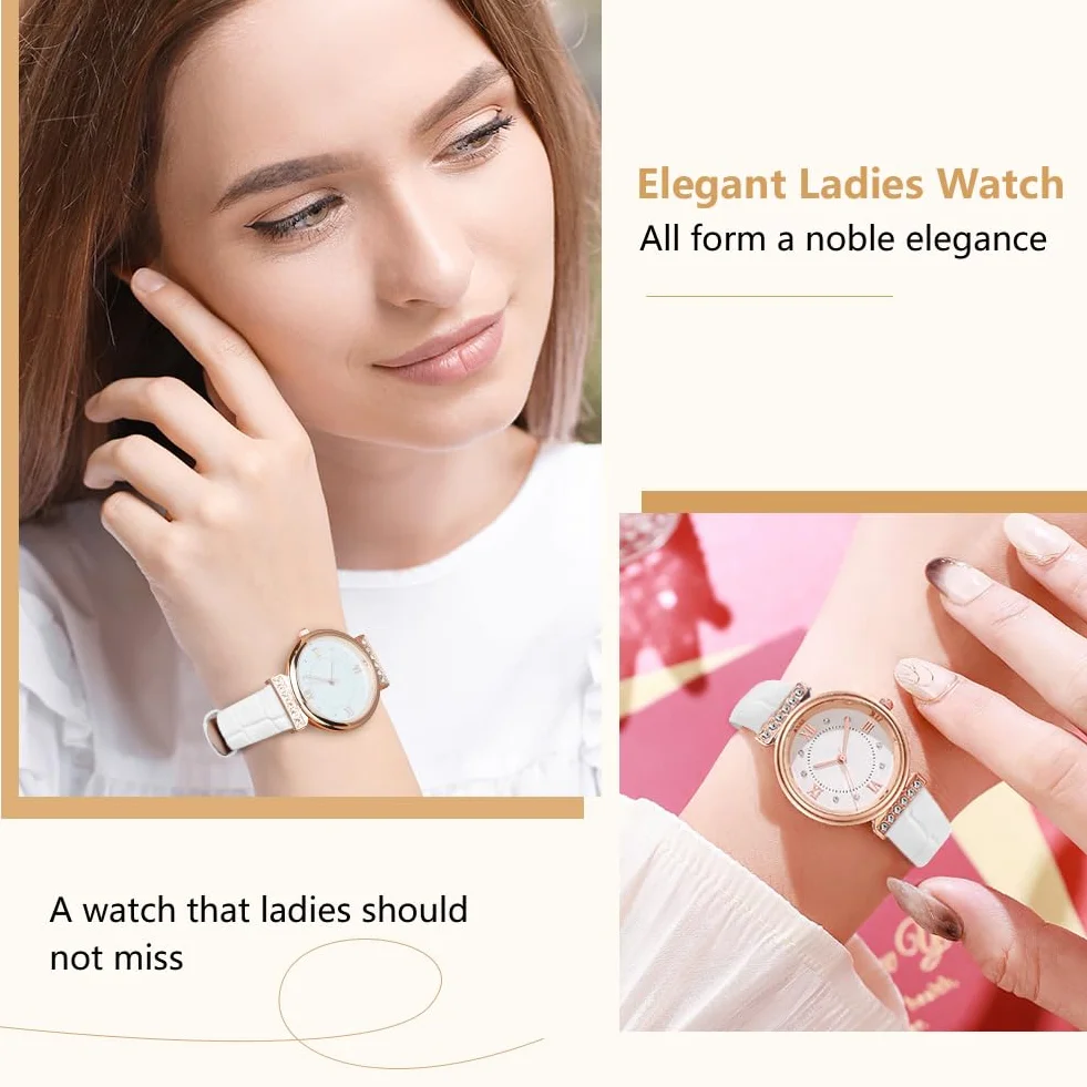 OFFCUP Montre Femme Bracelet Cuir Analogique Quartz Diamant 3 Aiguilles Poignet