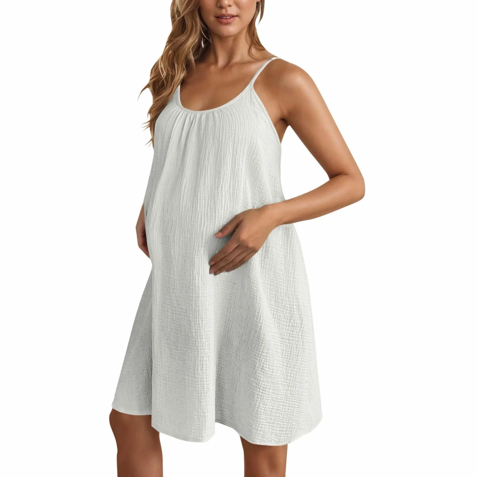 SYDUZAX Robe de Maternité Femme Sans Manches Blanche Robes à Bretelles Grossesse Enceinte Grande Taille Couleur Unie Tunique