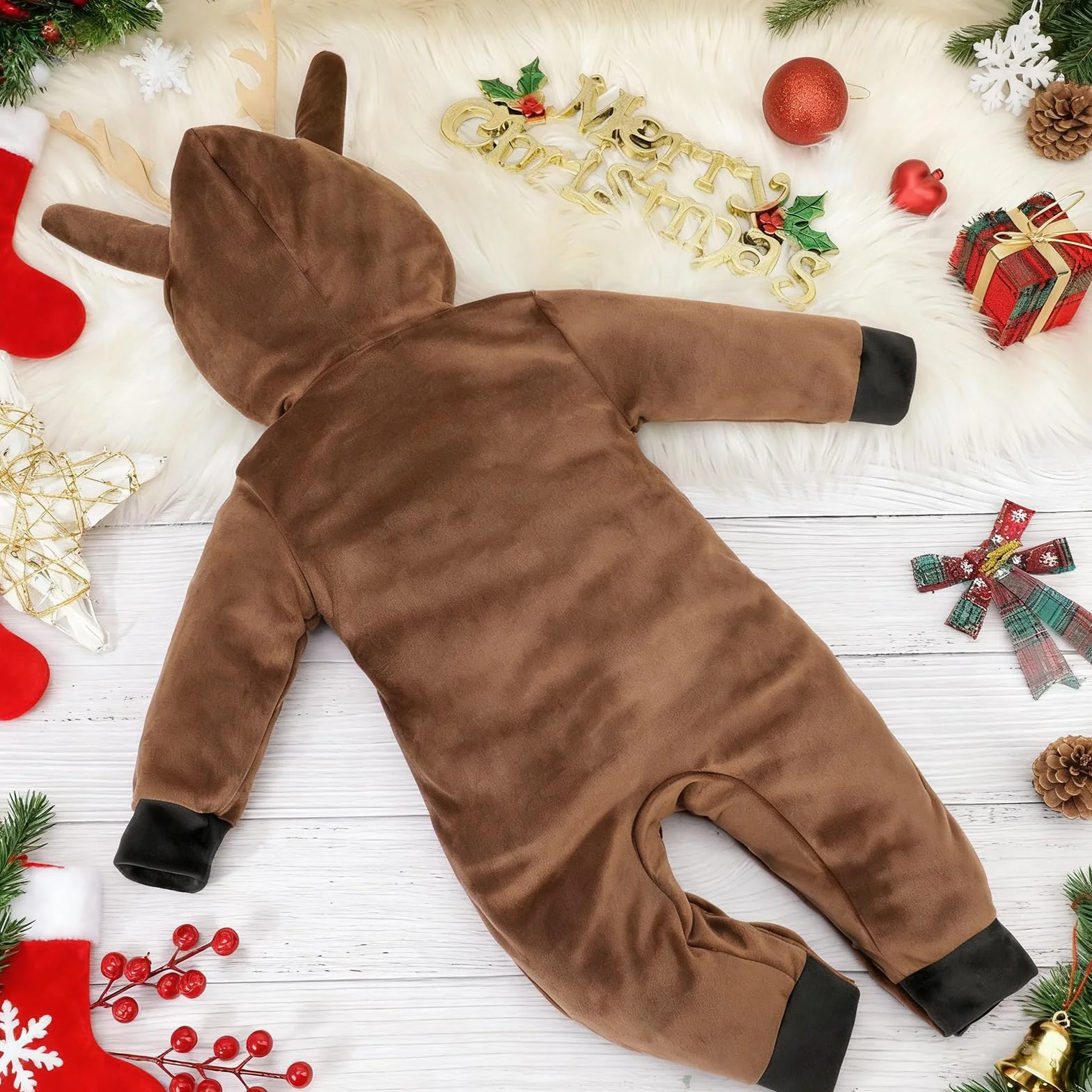 Deguisement Renne Bebe Garcon Fille Grenouillere Capuche Velours Chaud Hiver Tenue Noel Halloween 0-24 Mois