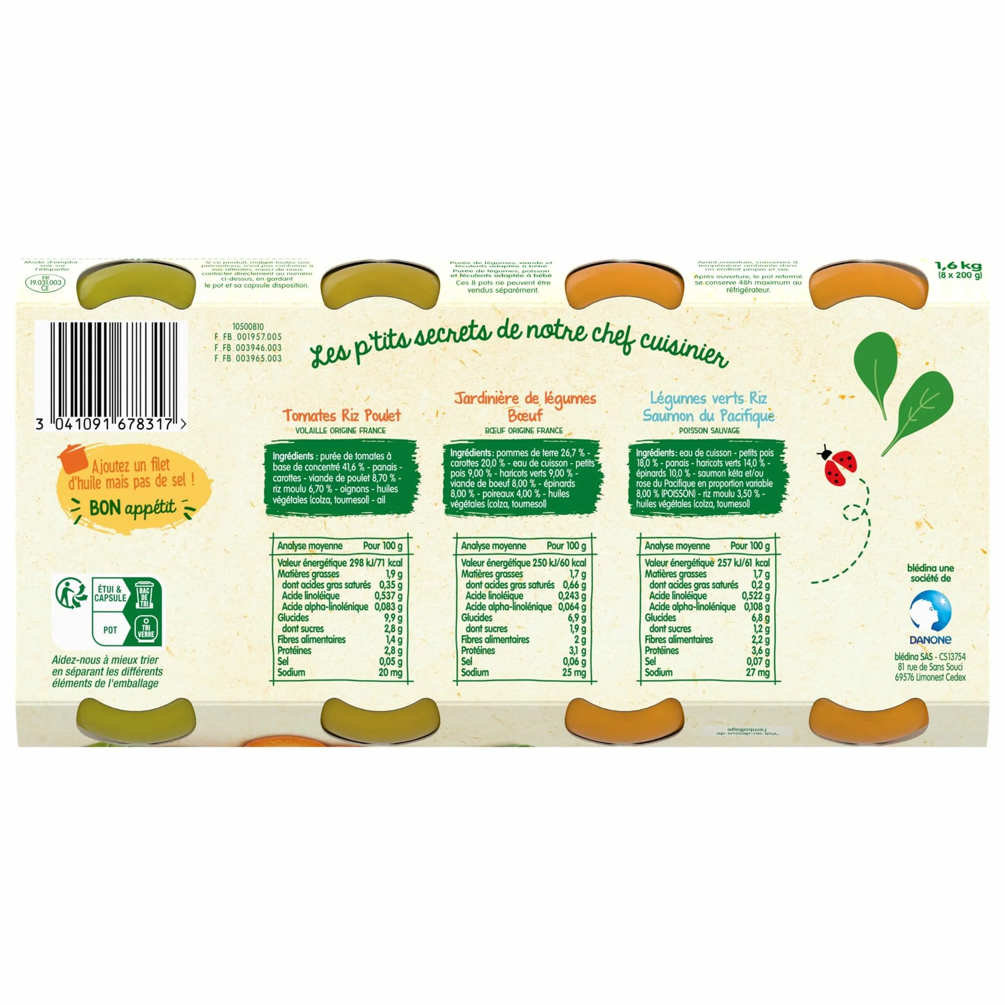 Blédina Petits Pots pour bébé, Dès 6 Mois, Tomates Riz Poulet / Légumes Bœuf / Légumes Riz Saumon, 200 g (Lot de 24)