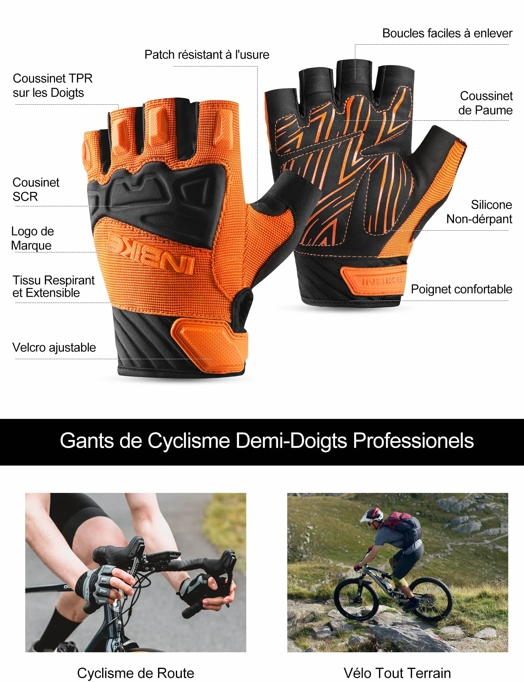 INBIKE Gants de Cyclisme Demi-Doigts MTB VTT Rembourré Mitaines été Antichocs Antidérapants Respirant