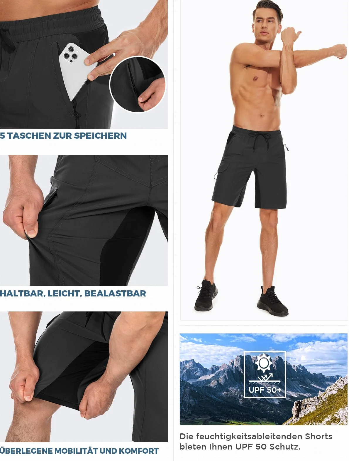 Wespornow Bermuda Homme 5 Poches Sport Séchage Rapide Pantalon Court Extérieur Stretch Randonnée Trekking