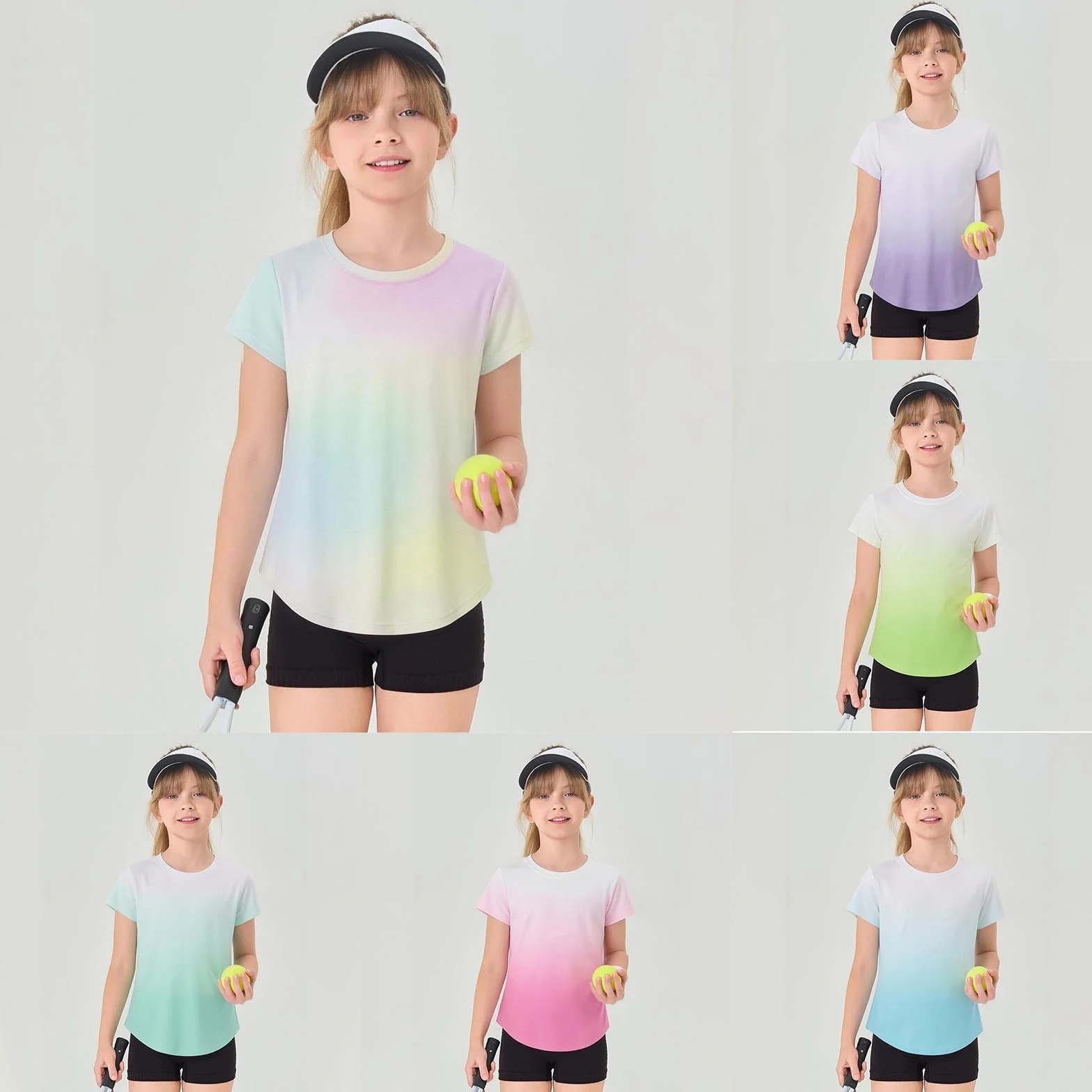 Tee-shirt Sport Filles Ombré Dégradé Col Rond Manches Courtes Séchage Rapide