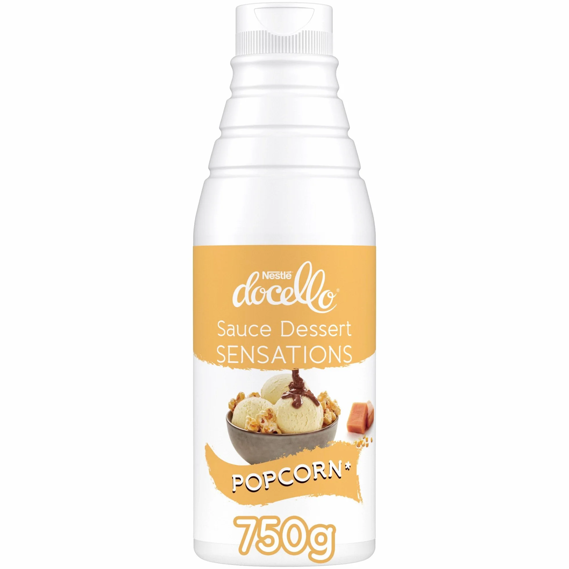 NESTLÉ DOCELLO Sauce Sensation Caramel Popcorn - Sauce Dessert au Caramel Saveur Popcorn - Avec Eclats de Maïs Grillé - Aide à la Pâtisserie, Topping, Nappage Gâteau, Coulis - Bouteille Squeeze - 750g