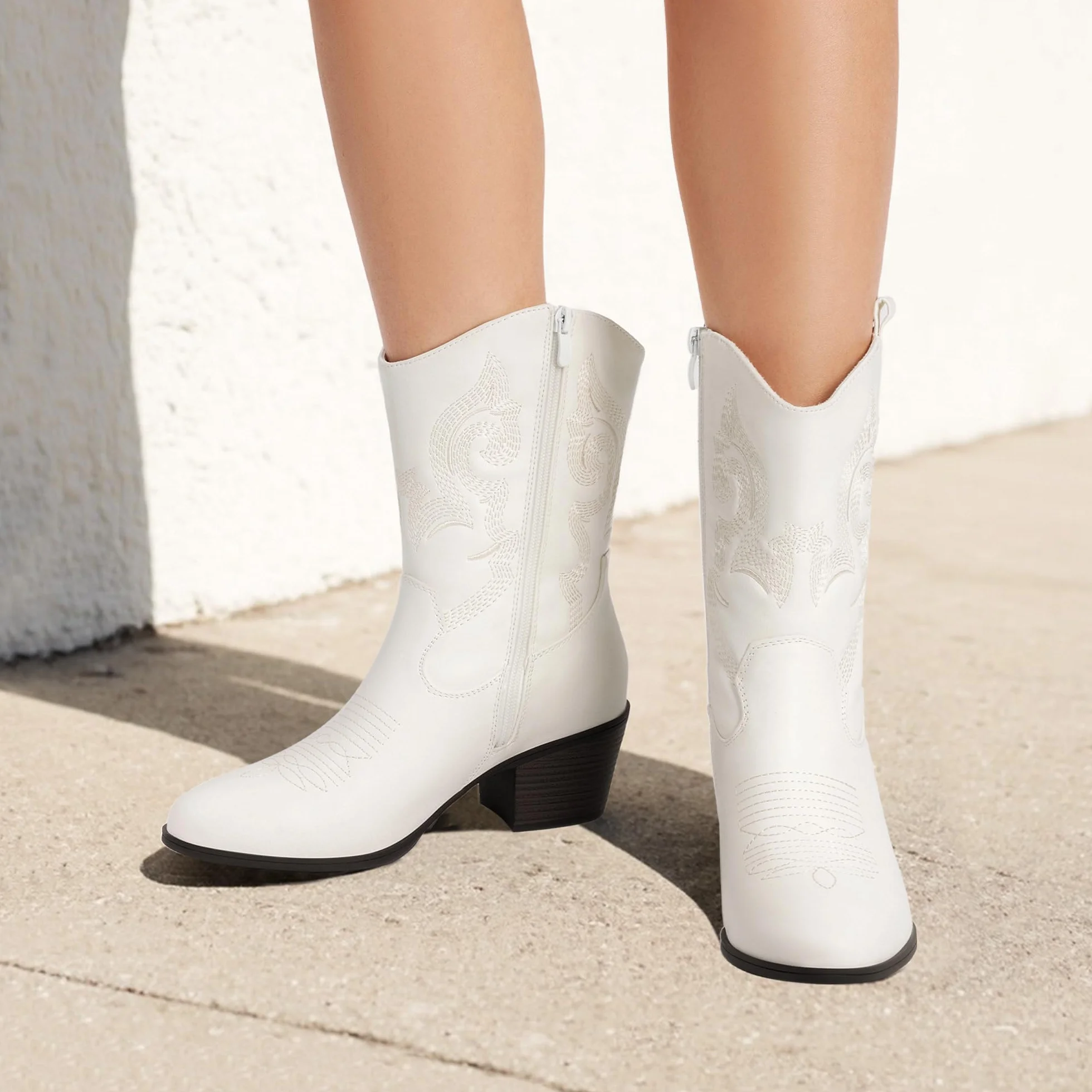 DREAM PAIRS Bottes Femme Western Mi-Mollet Cowgirl Bout Rond Talon Cubain Boots Cowboy