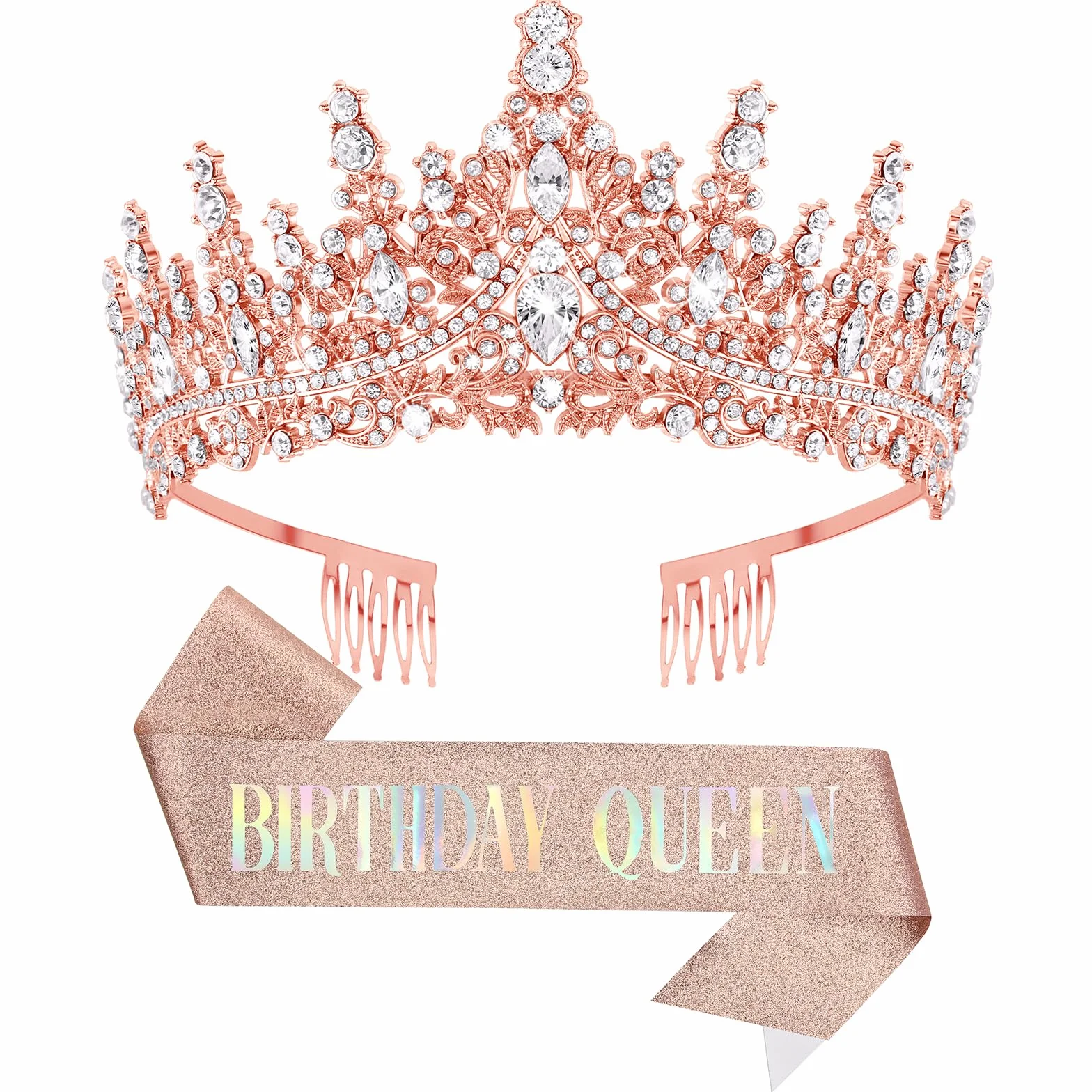 DRESHOW Couronne et Écharpe d'Anniversaire Strass Reine Diadème pour Femmes Filles