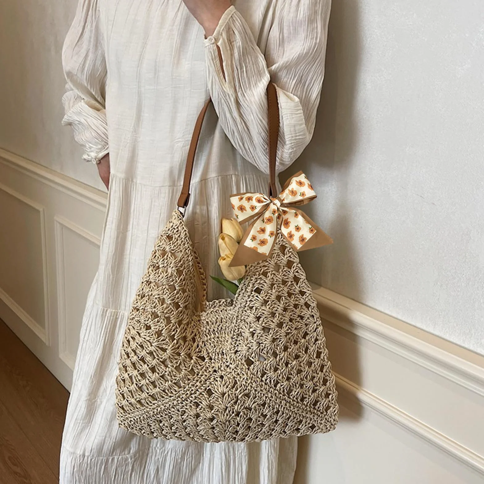 Sac à Bandoulière en Paille pour Femmes, Sac de Plage Bohème Esthétique