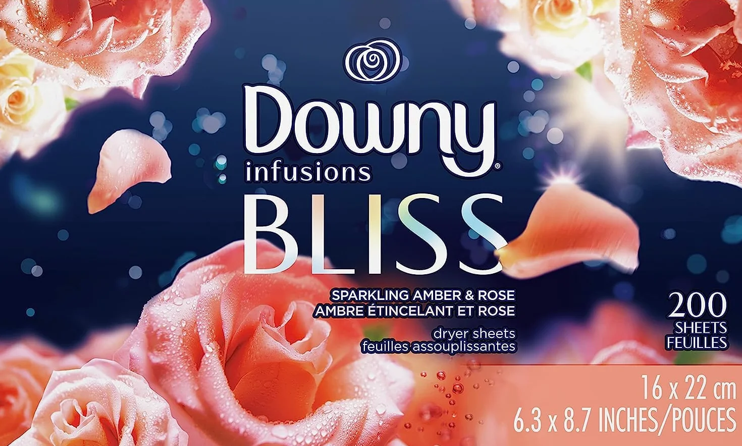 Downy Infusions Lot de 200 feuilles de séchage, assouplissant pour linge Ambre étincelant et rose
