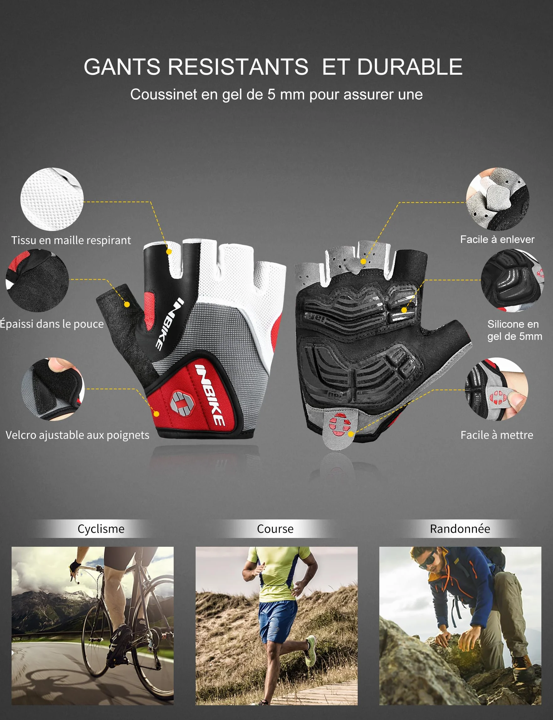 INBIKE Gants Cyclisme Demi-Doigts VTT 5mm Gel Rembourrés Anti-Choc Respirant Été