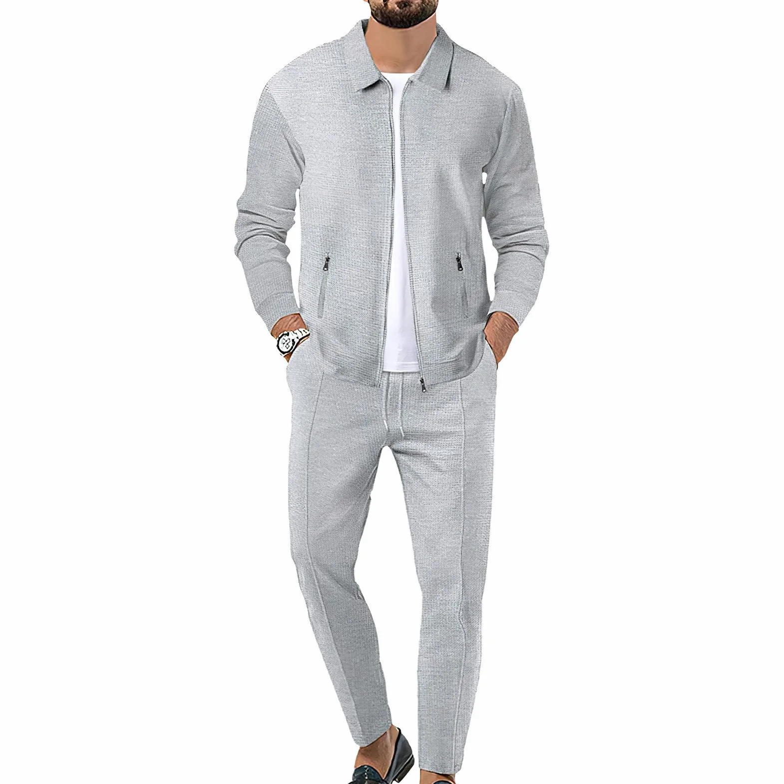 Ensemble de 2 Pièces Veste & Pantalon Waffle Manches Longues Zipper pour Homme Survêtements Sport Travail