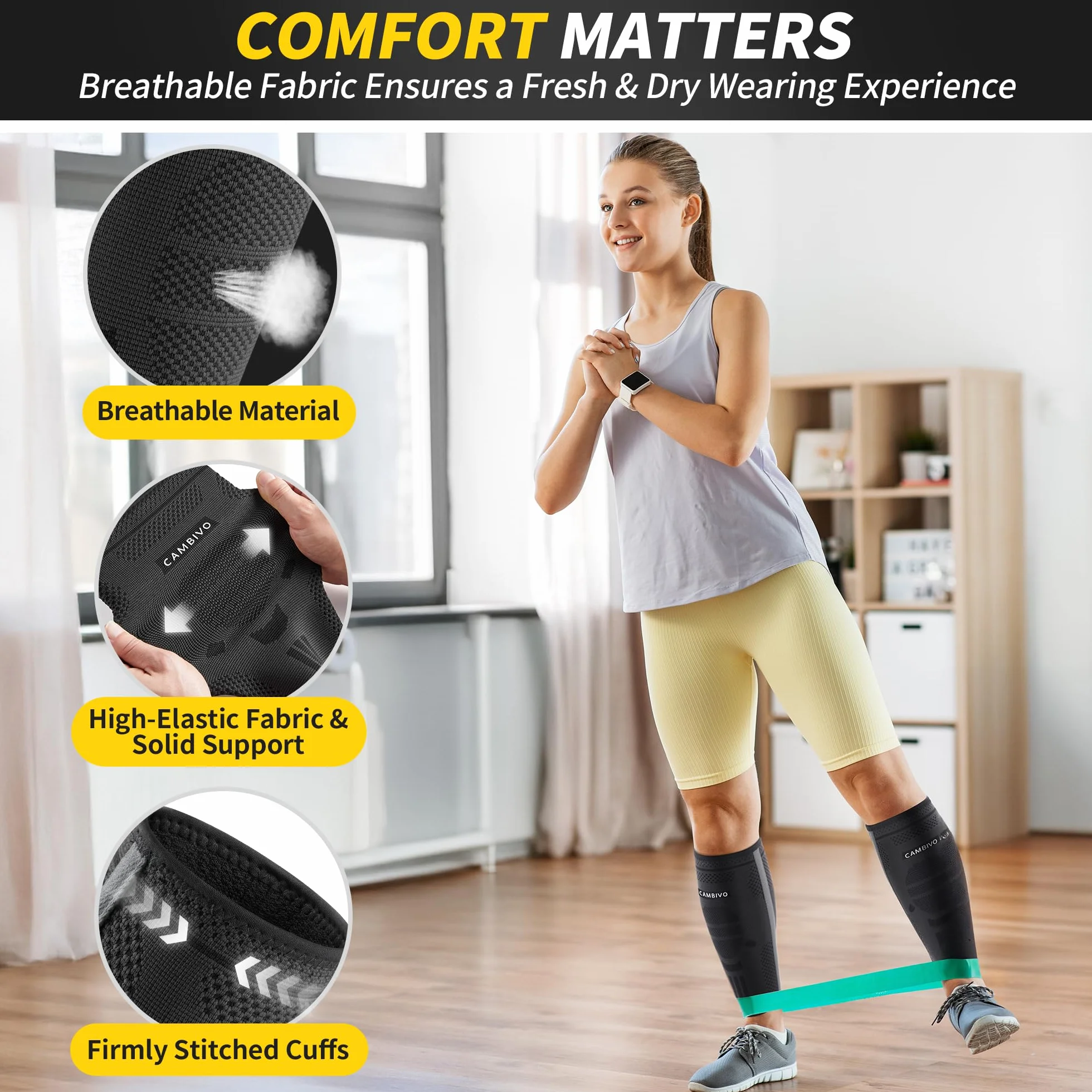 CAMBIVO Bas de Contention Femme Homme, Chaussettes de Compression Mollet x2 avec Stabilisateurs Latéraux