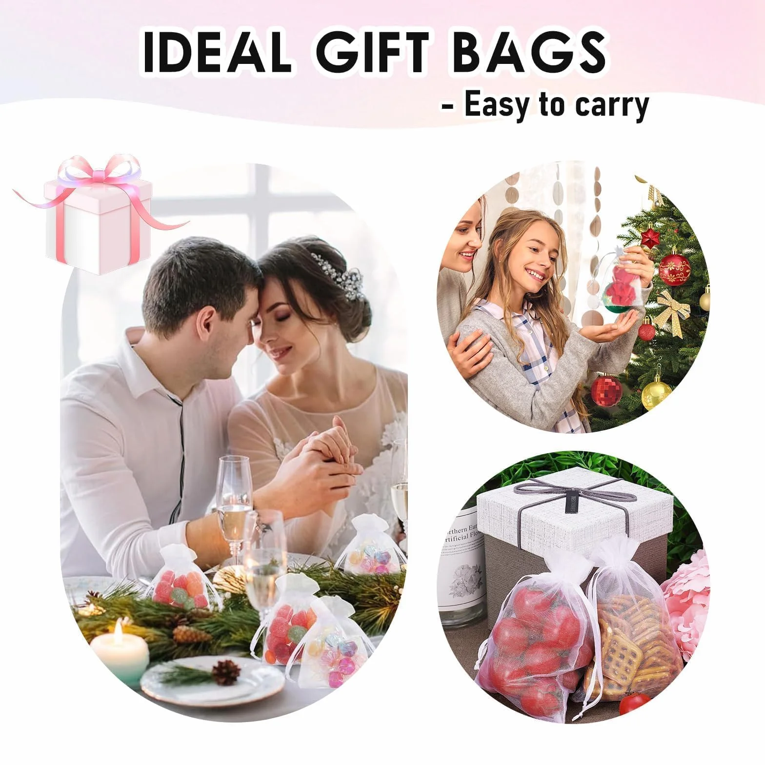 Sachets en Organza Blanc 7x9 cm Lot de 100 - Pochette Cadeau Réutilisable avec Cordon de Serrage pour Bijoux, Mariage