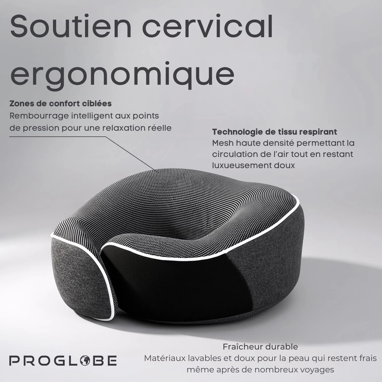 Coussin de Nuque Mousse à Mémoire de Forme Orthopédique pour Voyage Avion Voiture Train avec Masque Sommeil 3D Sac Maille Gris Foncé