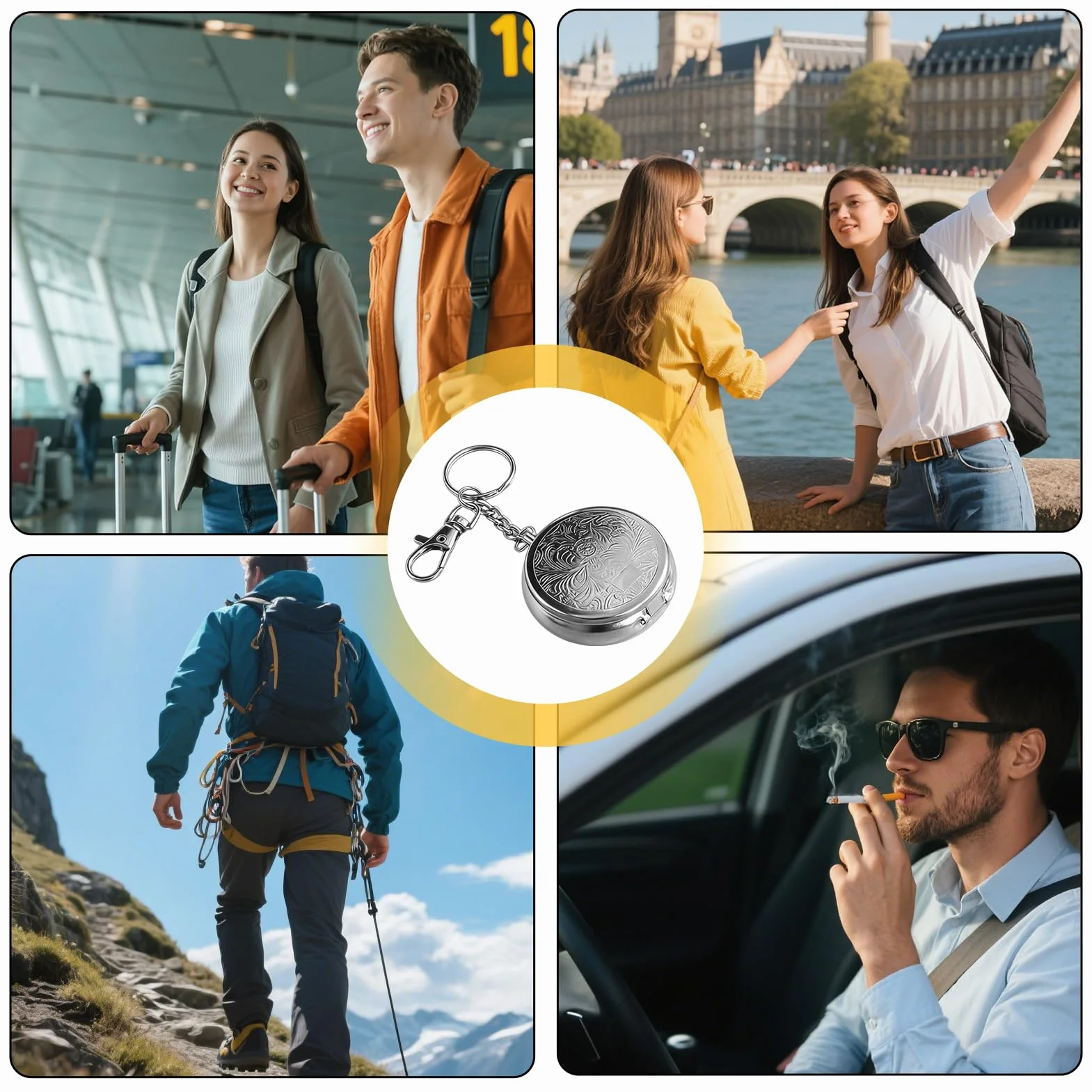 Cendrier de Poche Portable Anti Odeur en Acier Inoxydable avec Couvercle et Porte-Clés 2 Pièces