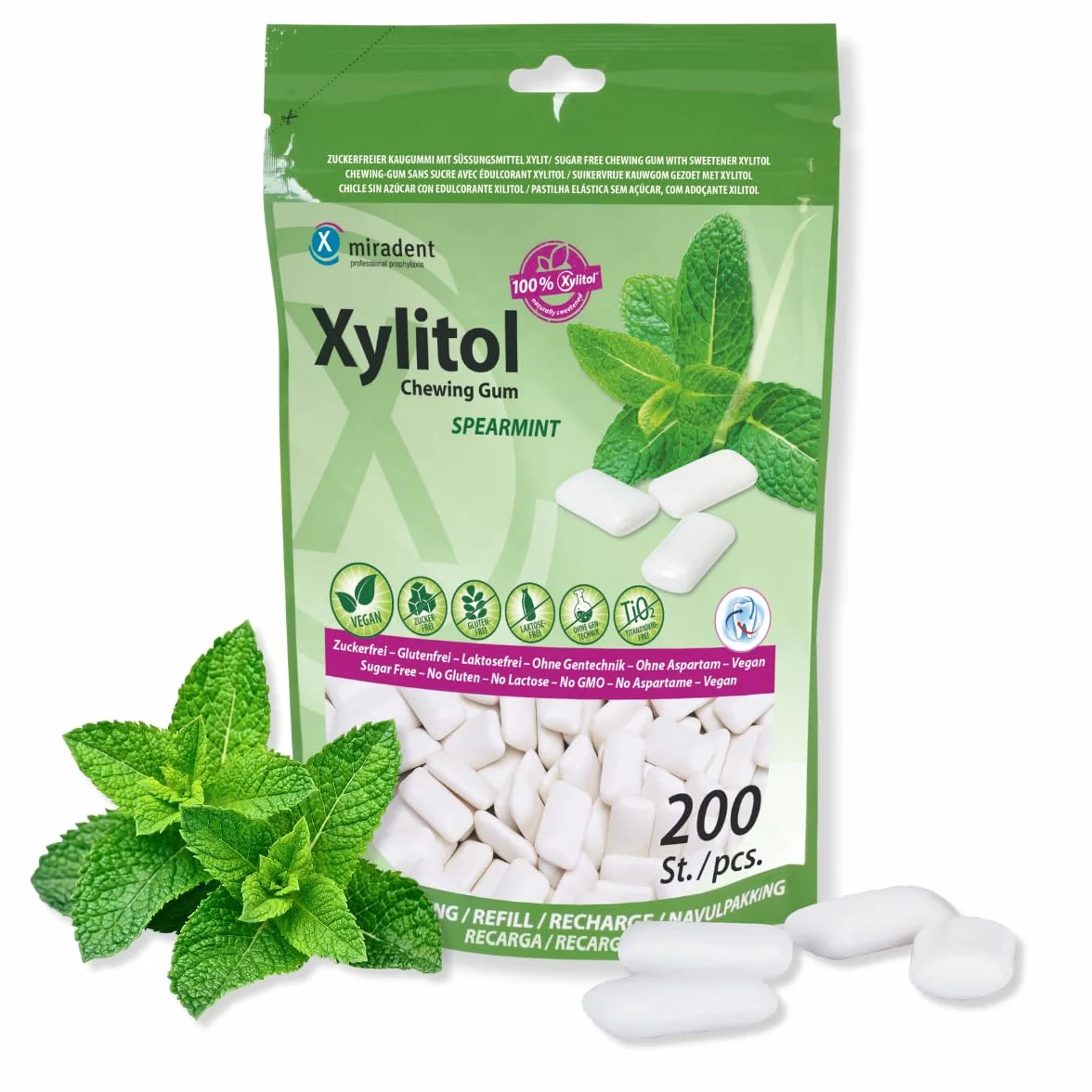 Miradent Chewing-gum dentaire au xylitol Pack économique 200 pcs goût Spearmint sans sucre vegan