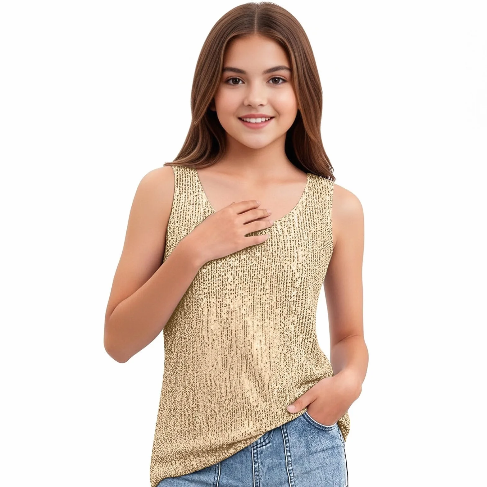 Débardeur sans Manches Col Rond Paillettes pour Fille Tendance Été