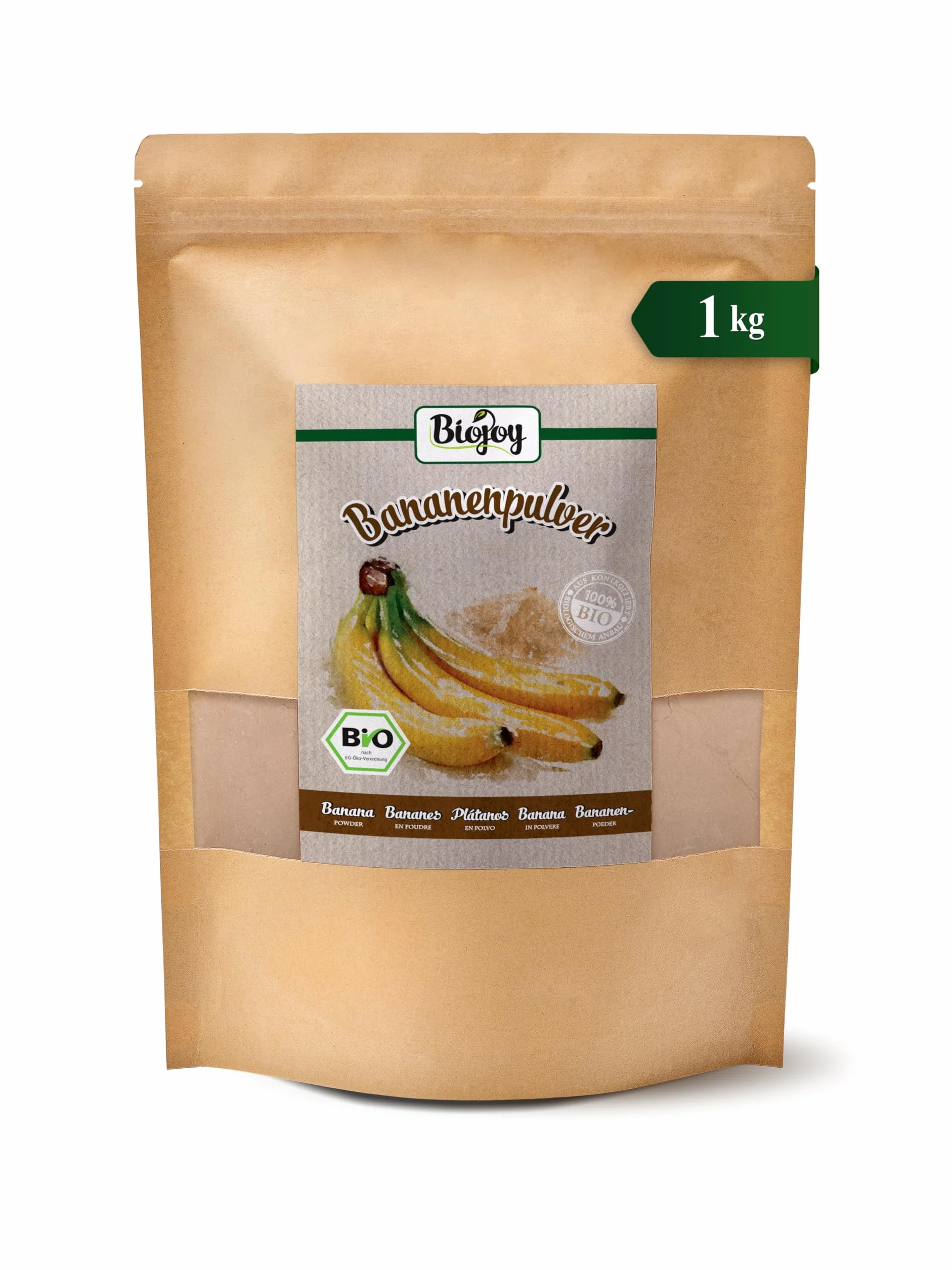 Biojoy Bananе en poudre BIO (1 kg), idéal pour le lait et le shake, sans additifs