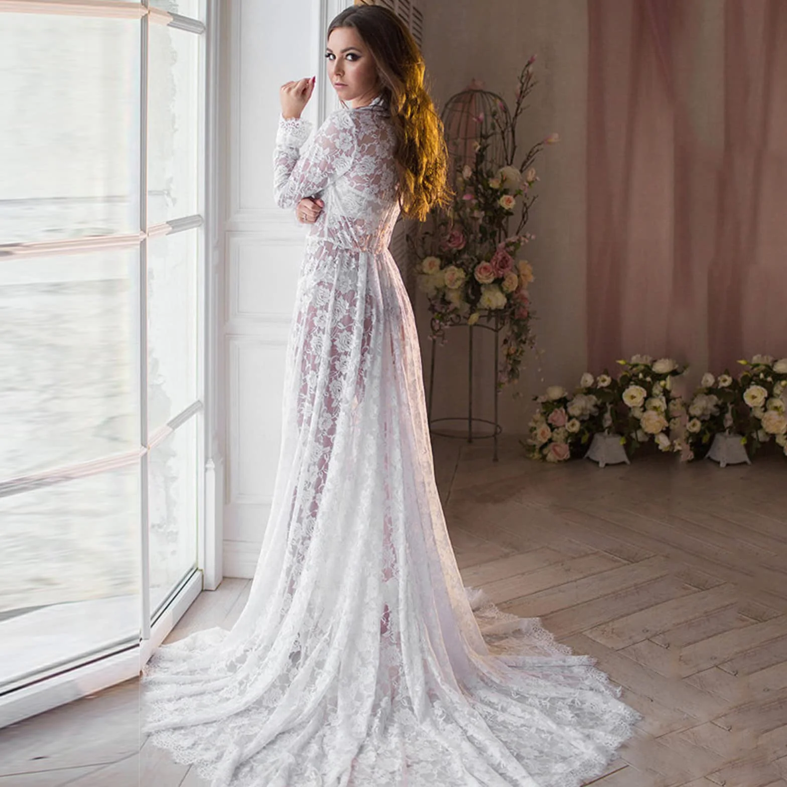 Robe Maternité Dentelle Col en V Manches Longues Shooting Photo Mariage Cérémonie Soirée Chic Femme Enceinte Grande Taille