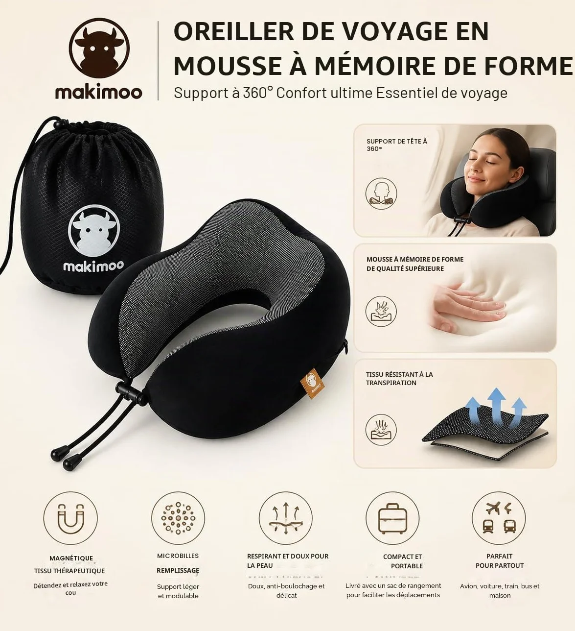 Oreiller de voyage en mousse à mémoire de forme cervical 360 degrés Noir