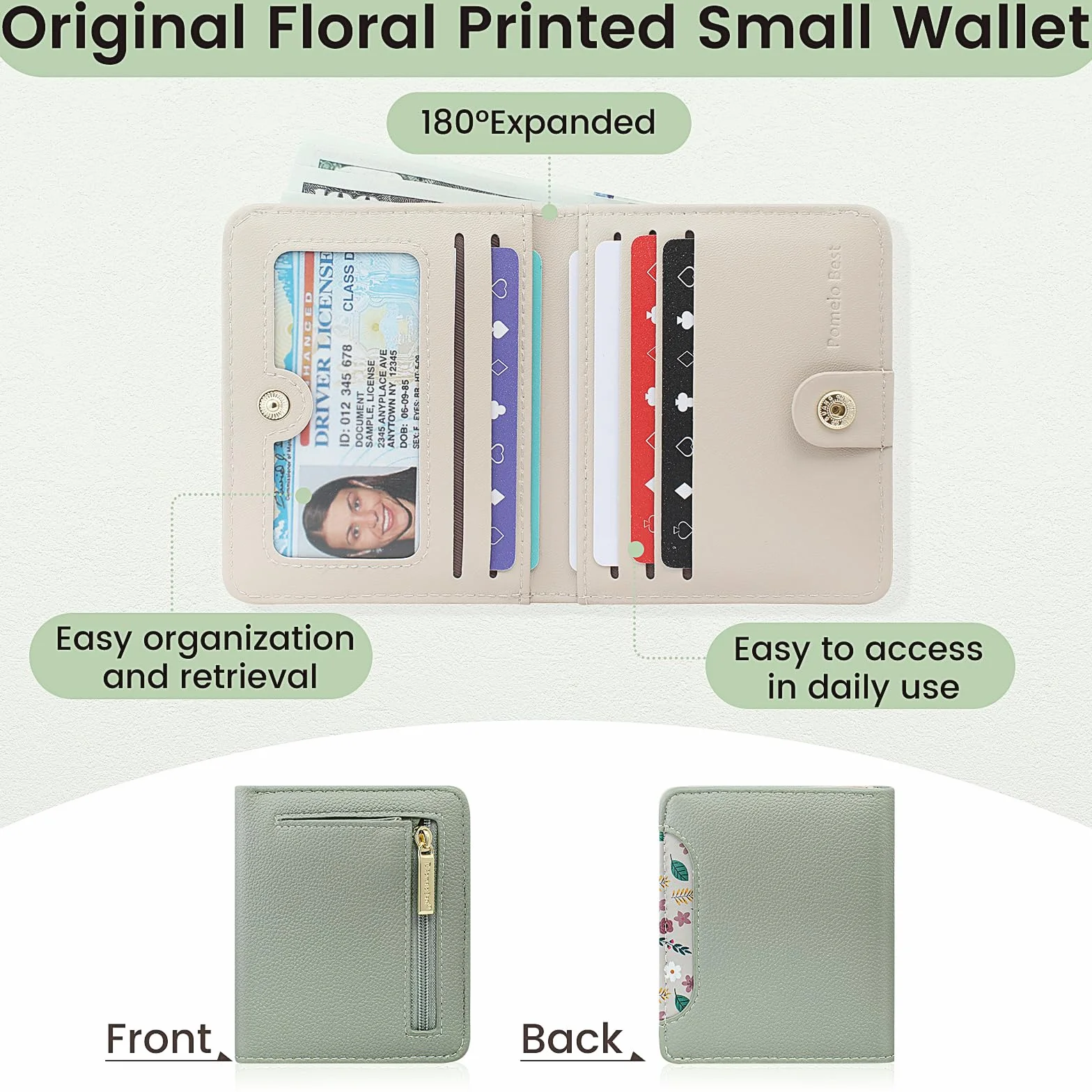 Petit Portefeuille Femme Protection RFID Cuir PU Souple Design Imprimé Léger Pratique Cartes Crédit Menthe Verte