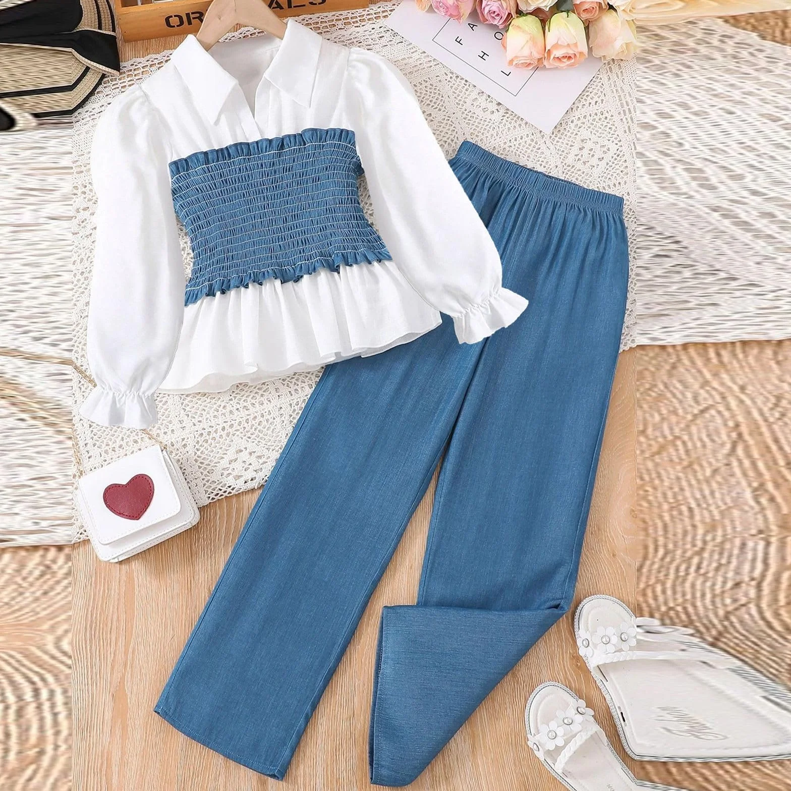 Survêtement pour enfant fille T-shirt en denim manches longues couleur unie jambes larges