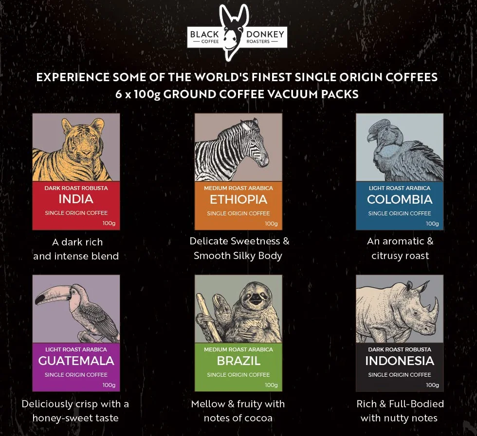 Black Donkey - WORLD'S COFFEES | Pack Gourmet Café Moulu 600g (6x100g) | 6 Meilleurs Cafés d'Origine Unique | Idée Cadeau pour Elle et Lui