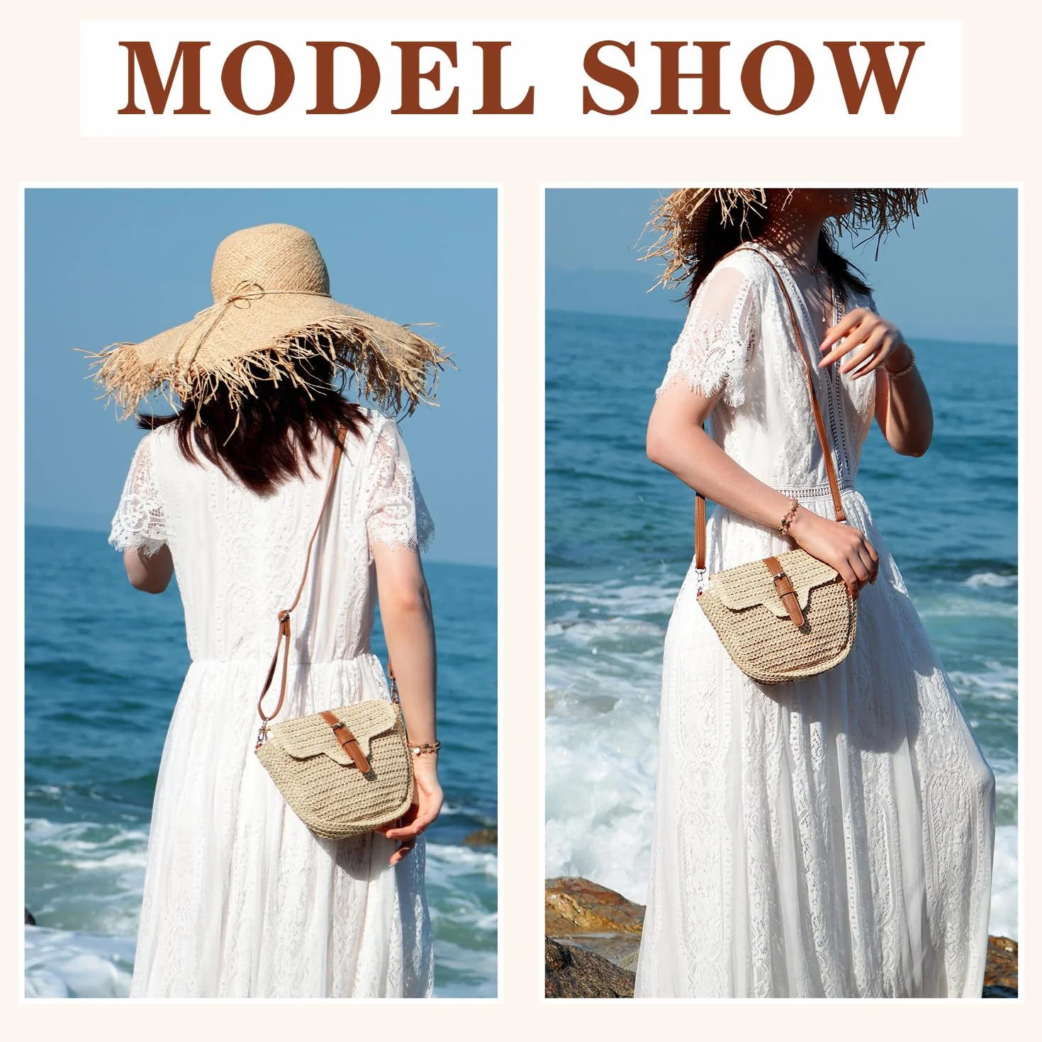 Sac à Bandoulière en Paille Beige pour Femmes - Boucle de Plage Tissé