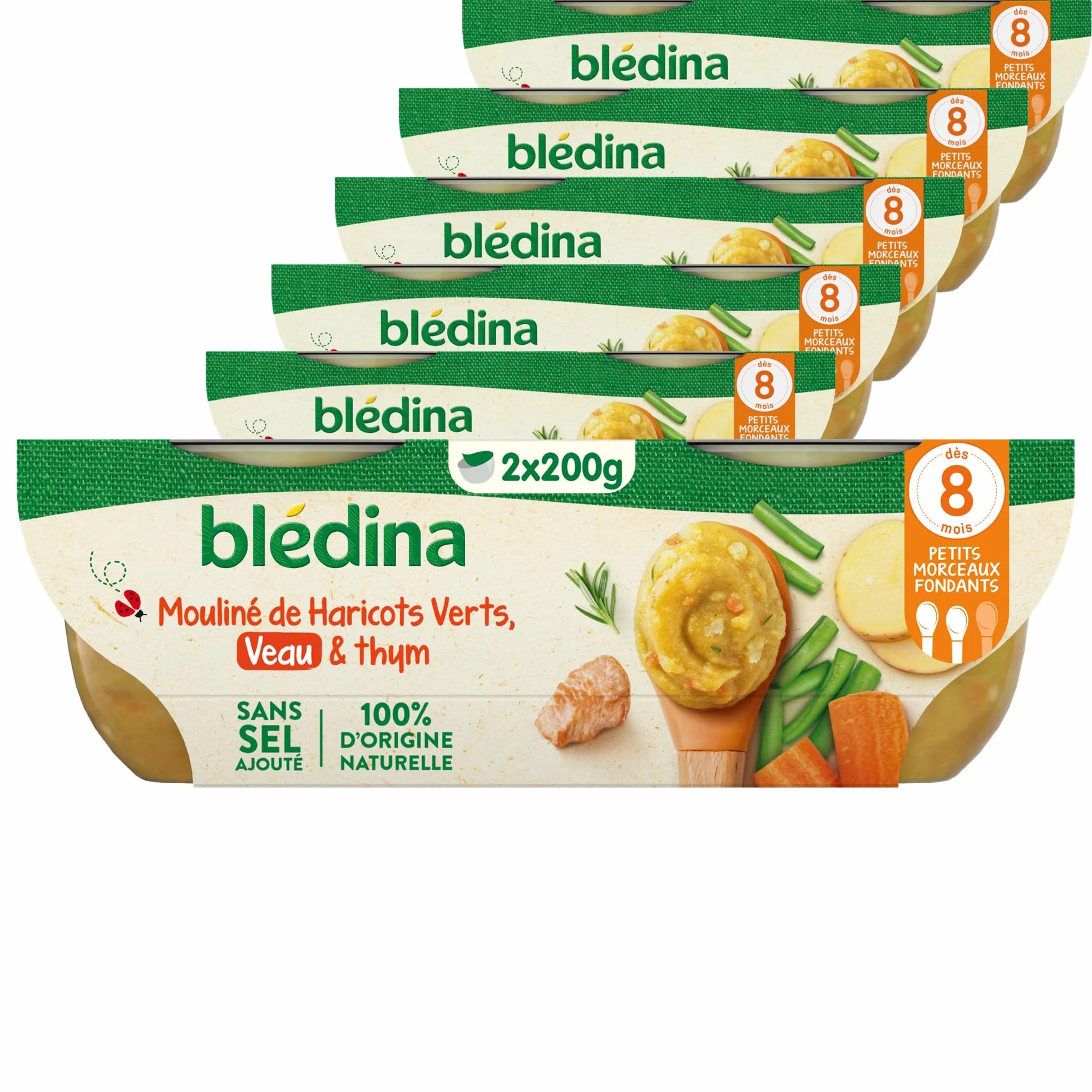 Blédina - Bols - Repas midi bébé - Mouliné de Haricots Verts, Veau & thym - Dès 8 mois - Sans sel ajouté - 12x200g