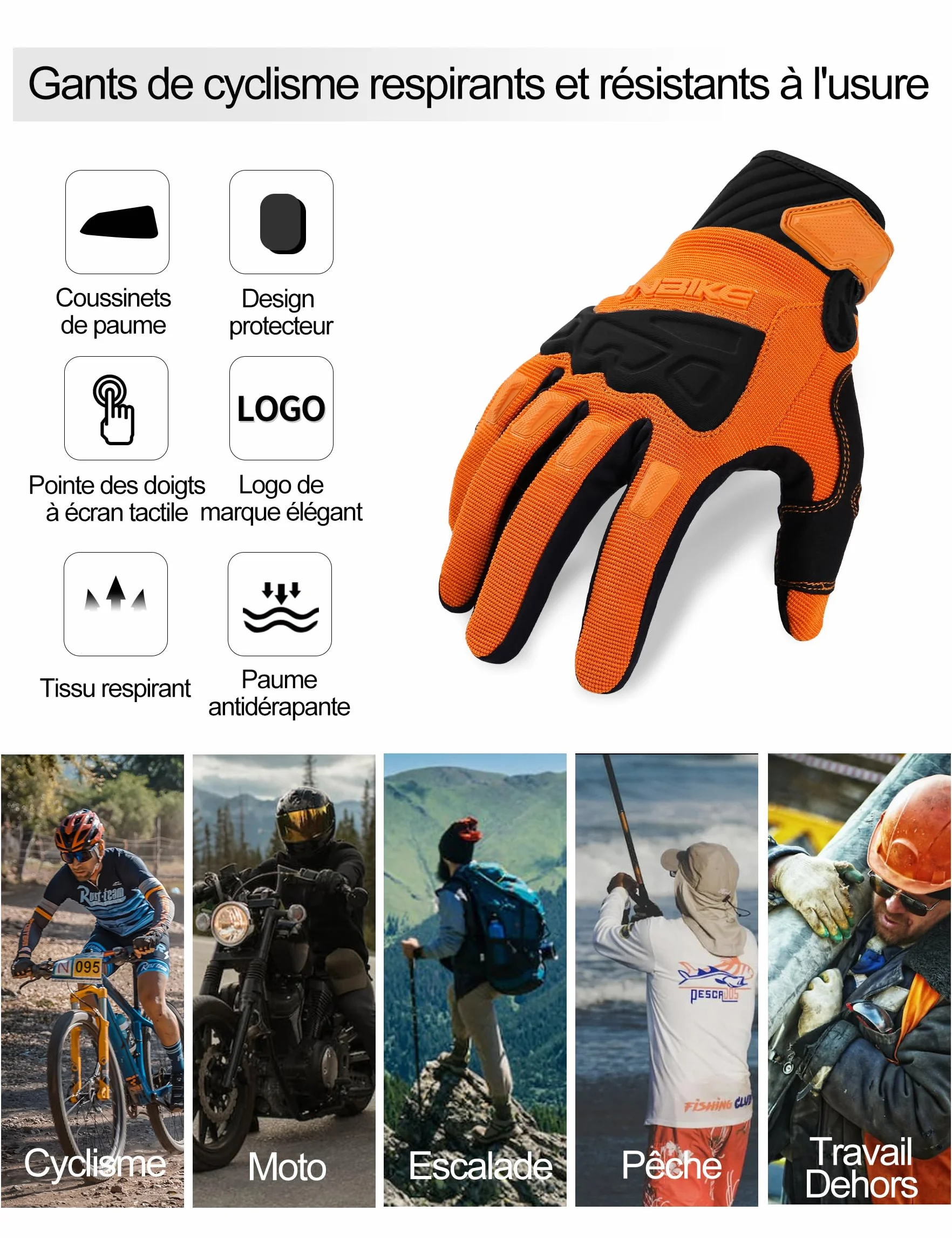 INBIKE Gants de Cyclisme VTT Homme Plein Doigts à Écran Tactile Rembourré Antichoc