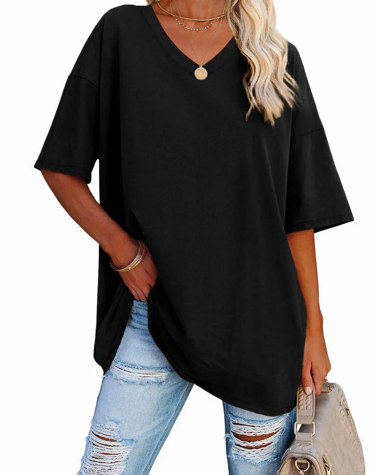 Ebifin T-shirt surdimensionné femme col V manches courtes été