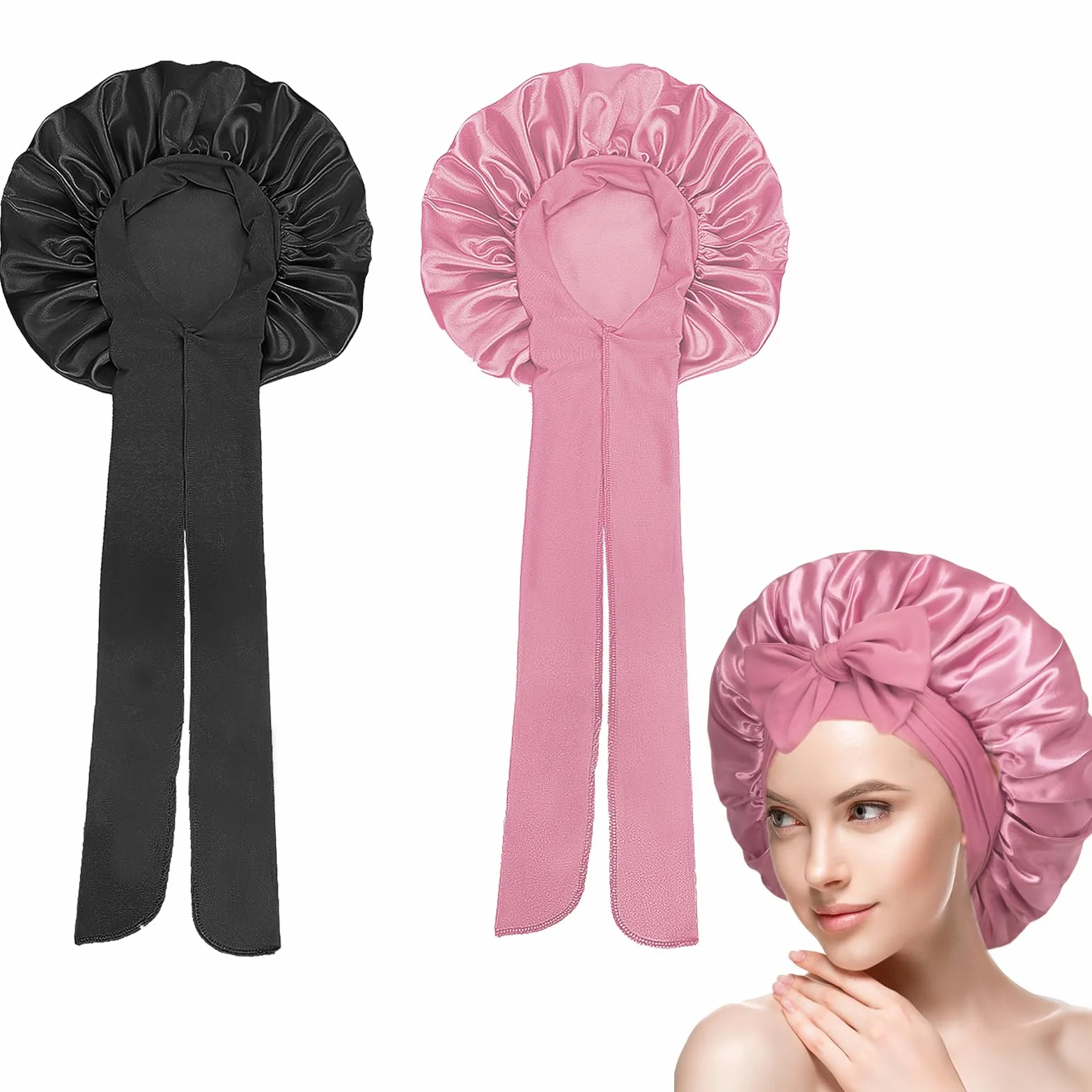 Bonnet Satin Cheveux Nuit, Bonnet de Nuit en Soie Doux et Réglable, 2 Pièces