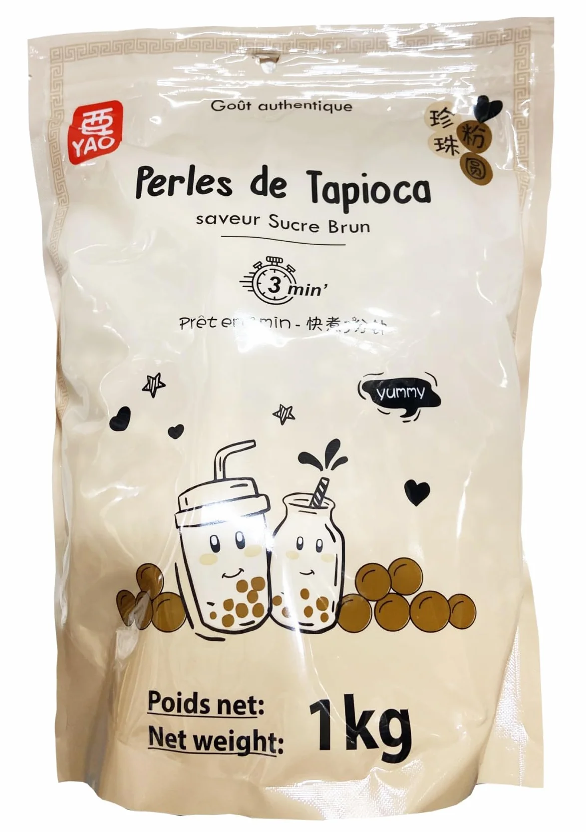 Yao Perles de Tapioca Spécial Bubble Tea Saveur Sucre Brun 1kg/Sachet -Livraison Gratuite France (1 sachet)