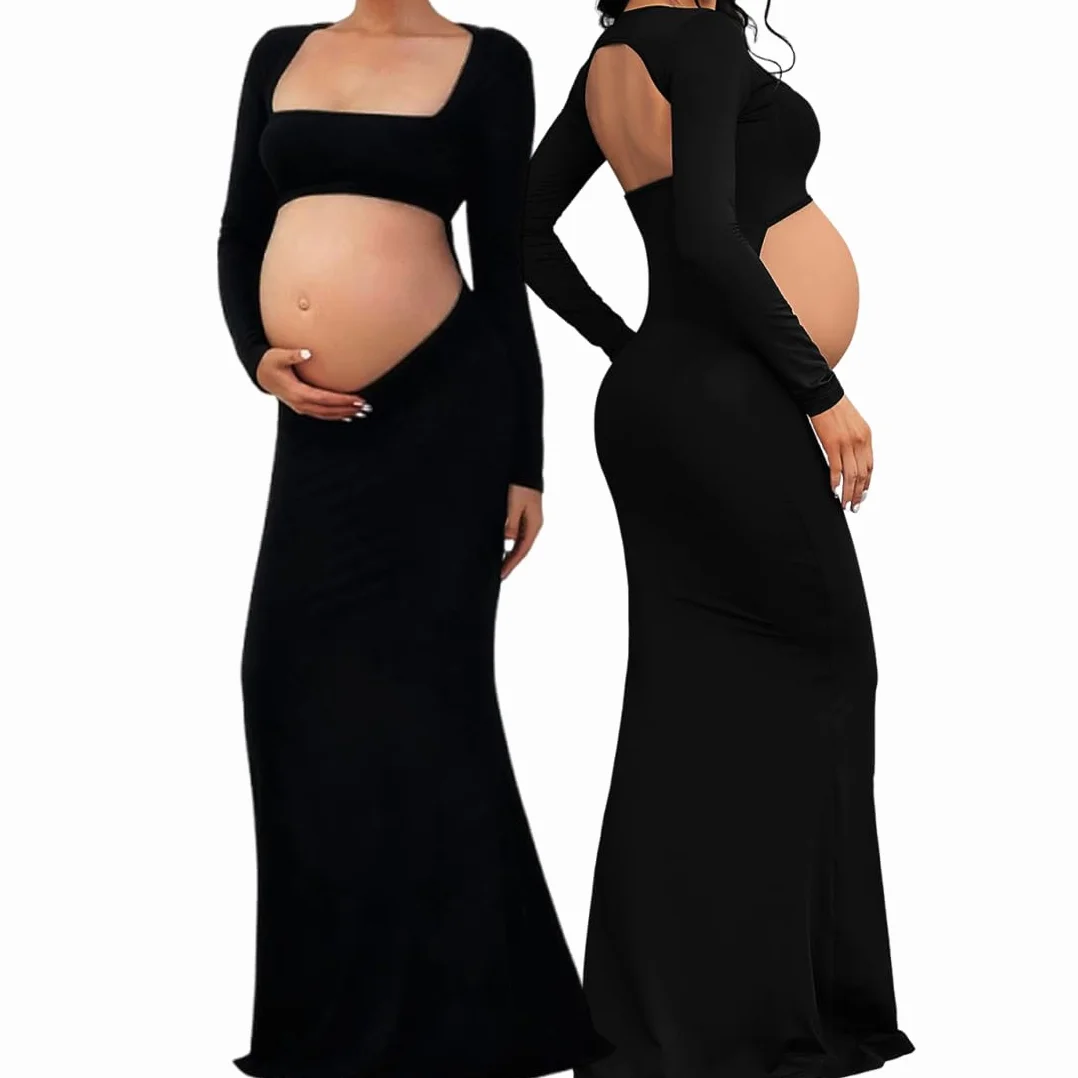 Robe de Maternité Manches Longues Robe Grossesse Photo Dos Nu Col Carré Découpe Sexy Robe Maxi Enceintes